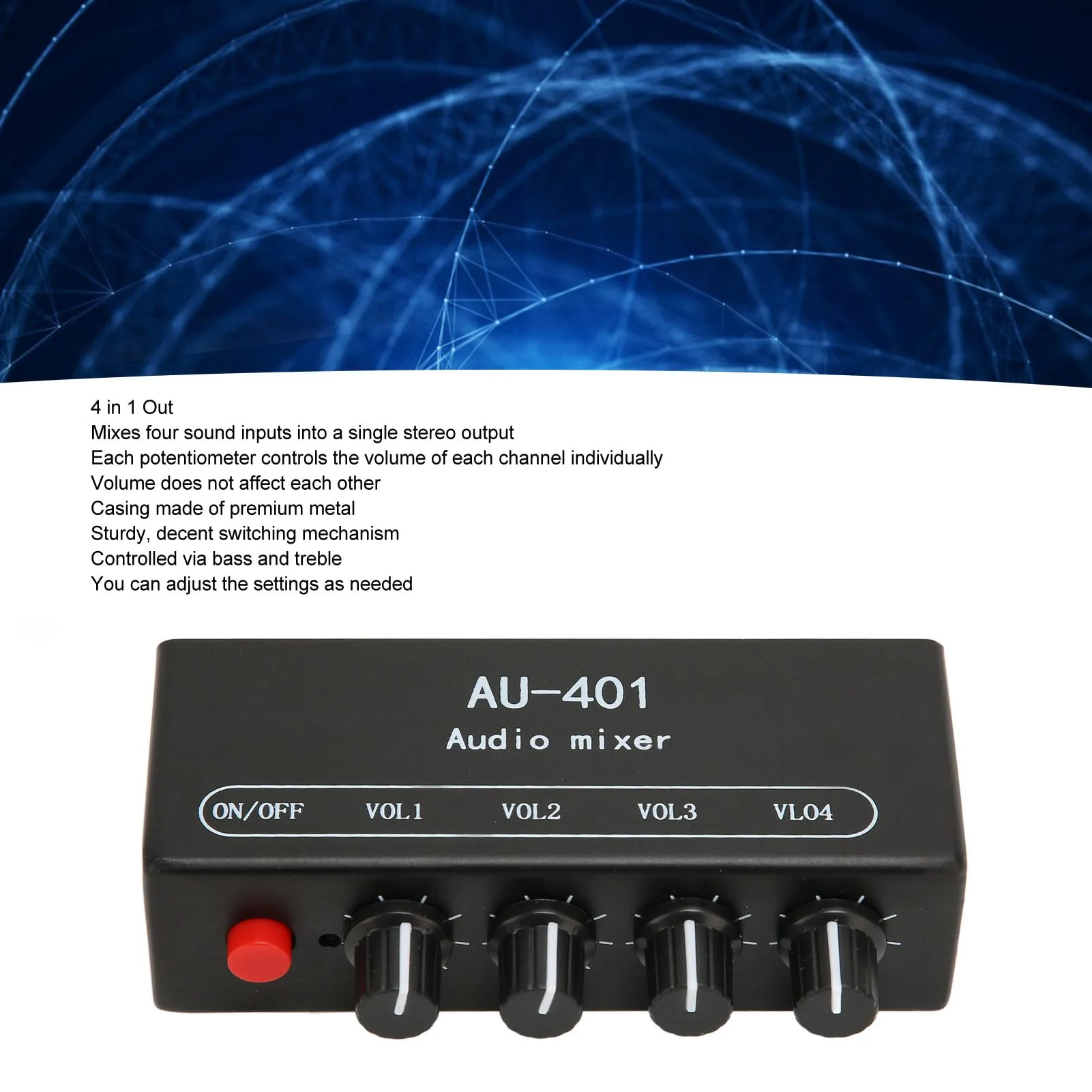 Audio Mixer, 4 in 1 Out Independent Volume Control 3.5mm Stereo Socket 2x Amplification Line Mixer Anti Interference Metal Housing Mini Audio Mixer for PC, Cell Phones, Laptops - Image 3