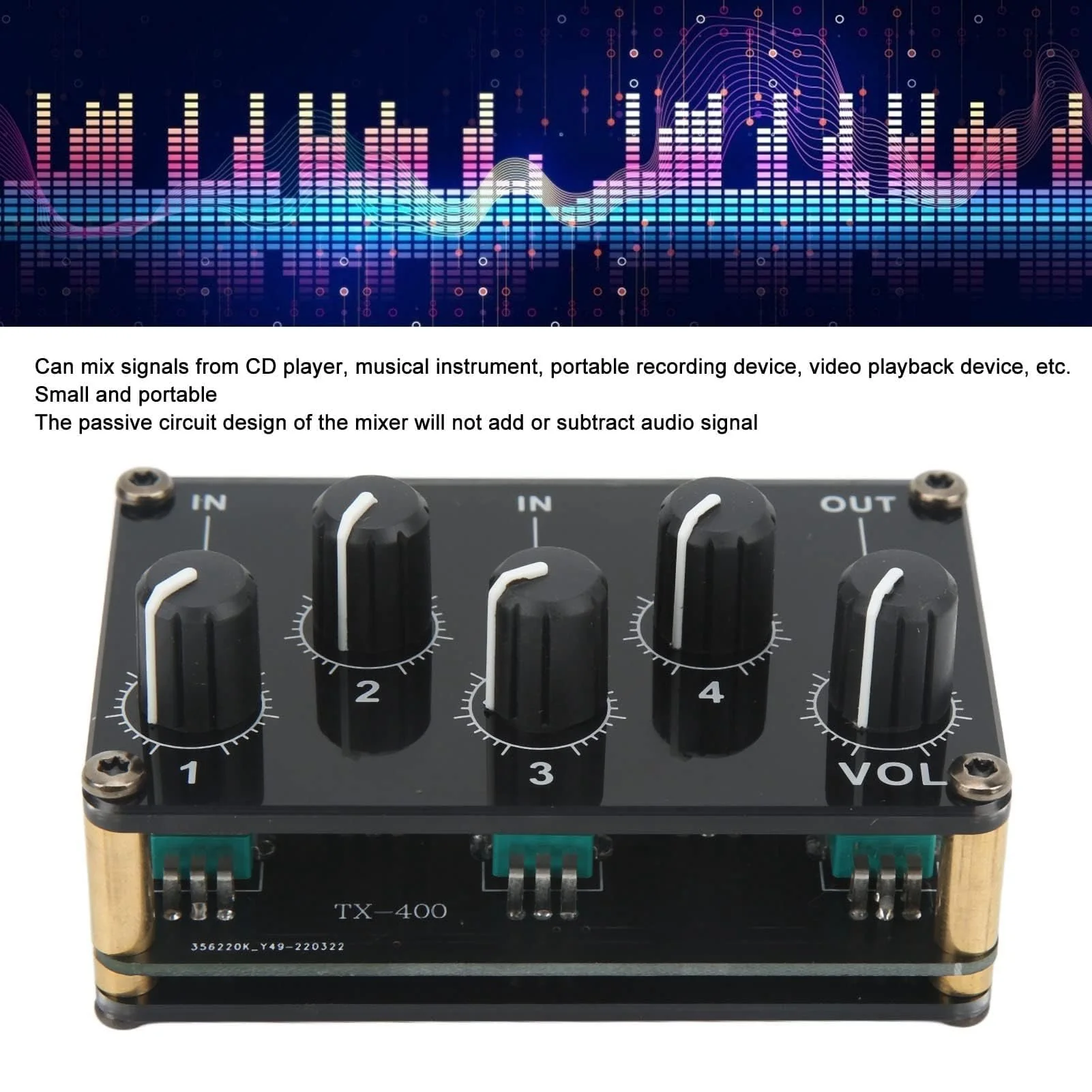 Audio Mixer, 4 Input 1 Output Mini Low Noise Sound Board Console Portable Passive Stereo Audio Mixer Mini Stereo Live Studio Console Audio Recording Mixers Music Mixer Machine - Image 2