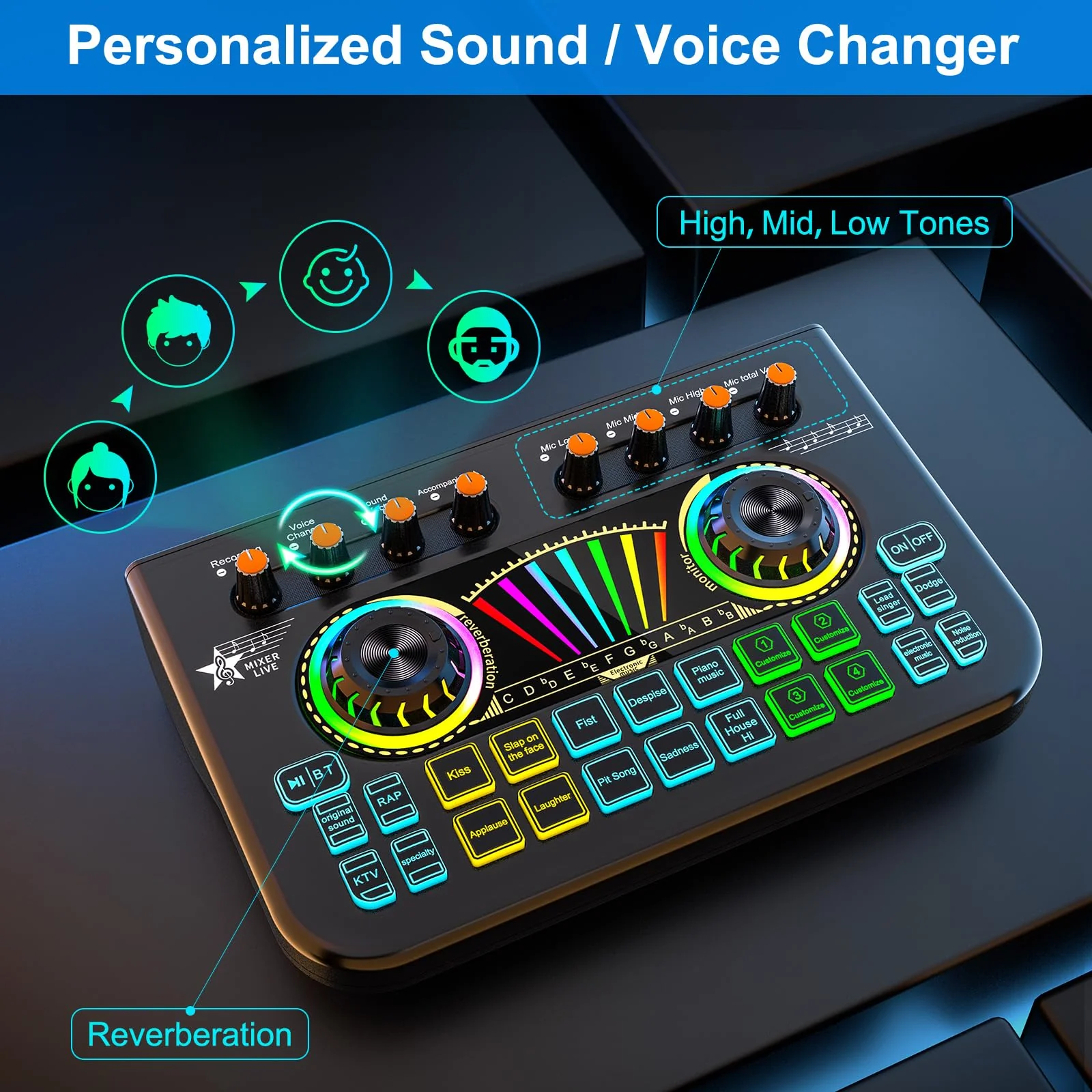 Audio Mixer, Sound Board for Pc/Phone Live Streaming Gaming, Audio Interface for 3.5mm/6.35mm Dynamic Microphone, Live Sound Card with Voice Changer, Denoise, Lead Singing Podcast Mixer - Image 2