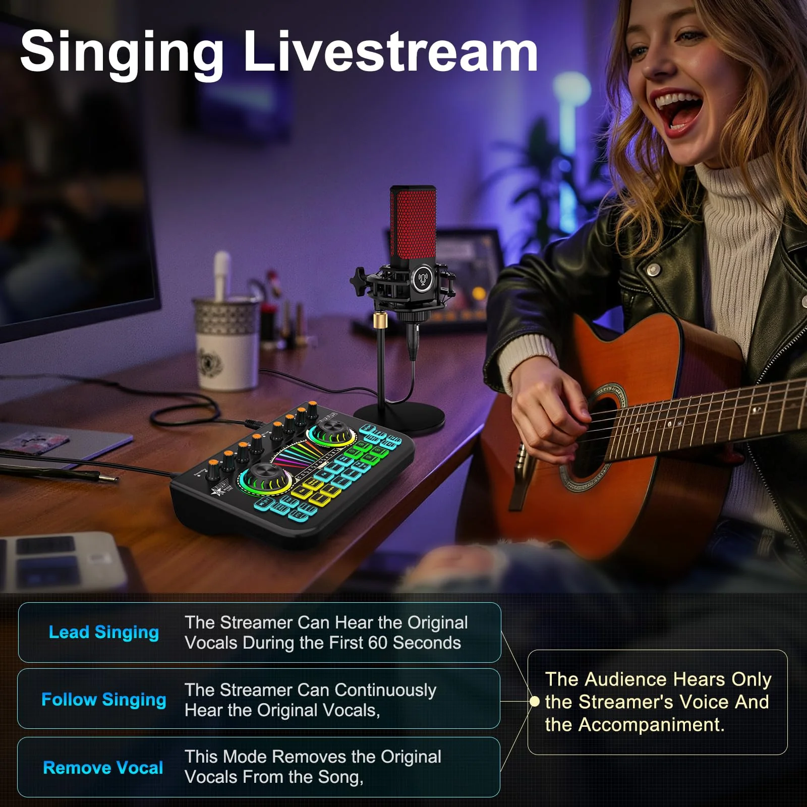 Audio Mixer, Sound Board for Pc/Phone Live Streaming Gaming, Audio Interface for 3.5mm/6.35mm Dynamic Microphone, Live Sound Card with Voice Changer, Denoise, Lead Singing Podcast Mixer - Image 5