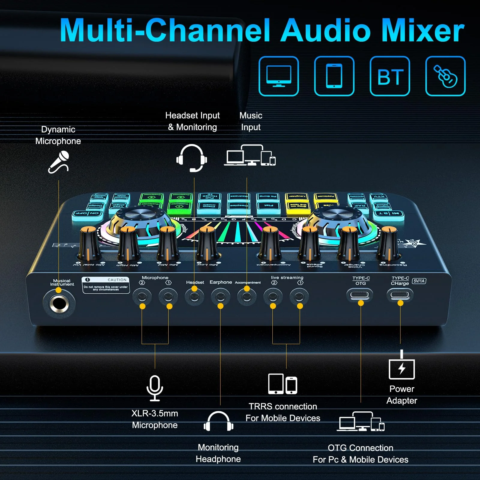 Audio Mixer, Sound Board for Pc/Phone Live Streaming Gaming, Audio Interface for 3.5mm/6.35mm Dynamic Microphone, Live Sound Card with Voice Changer, Denoise, Lead Singing Podcast Mixer - Image 6