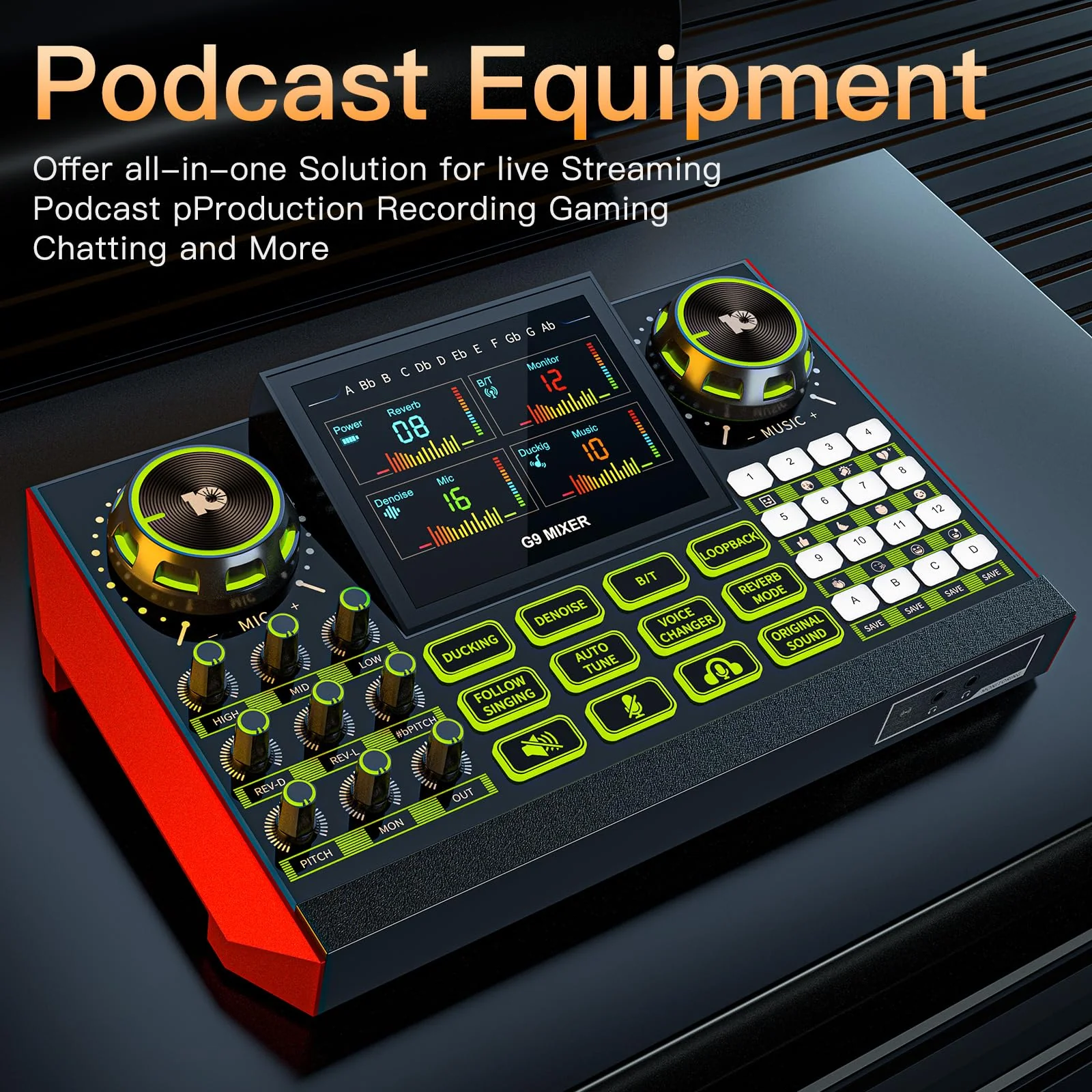 Audio mixer, suitable for live streaming, singing, and gaming on computers/phones; podcast mixer with real-time sound card, noise reduction function, and one-click mute function G9 AUDIO MIXER - Image 3