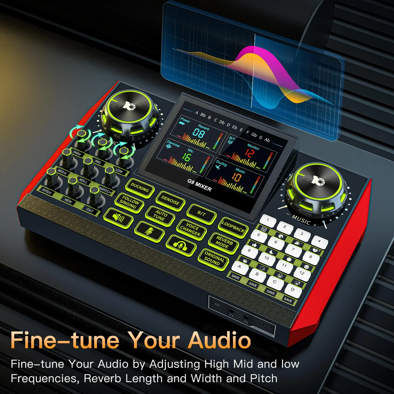 Audio mixer, suitable for live streaming, singing, and gaming on computers/phones; podcast mixer with real-time sound card, noise reduction function, and one-click mute function G9 AUDIO MIXER - Image 4