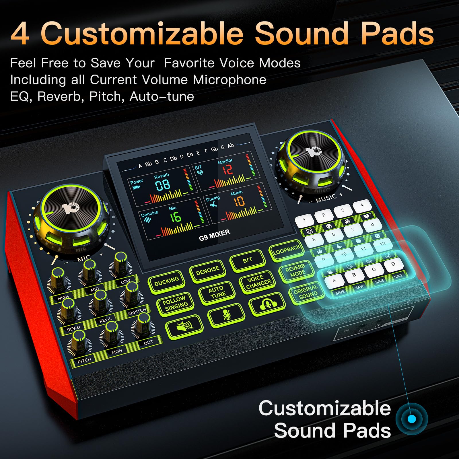 Audio mixer, suitable for live streaming, singing, and gaming on computers/phones; podcast mixer with real-time sound card, noise reduction function, and one-click mute function G9 AUDIO MIXER - Image 5