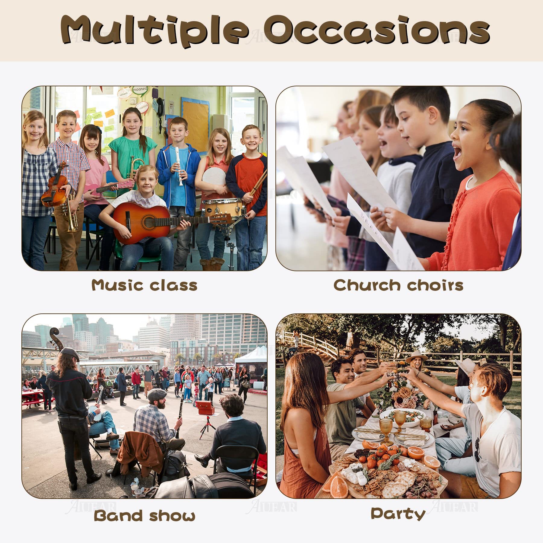 AUEAR, 3 Pack Wooden Tambourines Double Rows Metal Jingle Tambourine 8 Inch Handheld for Party Church KTV Musical Educational 8" (3 Pack) Double Row Jingles - Image 3