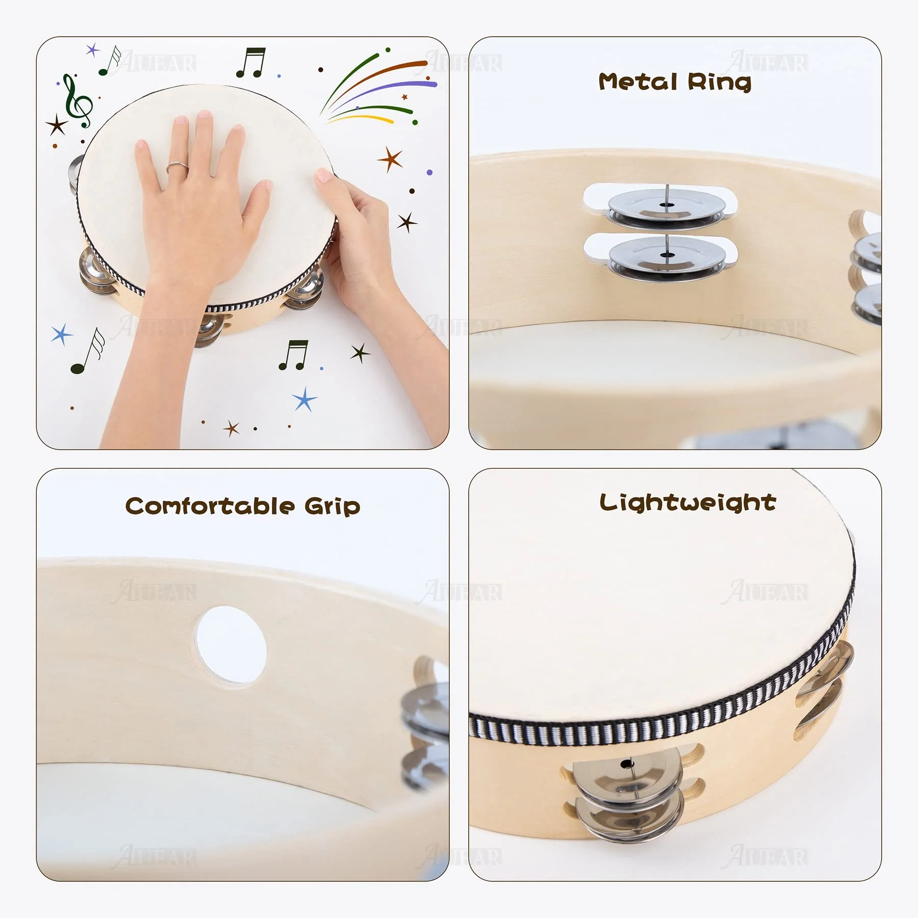 AUEAR, 3 Pack Wooden Tambourines Double Rows Metal Jingle Tambourine 8 Inch Handheld for Party Church KTV Musical Educational 8" (3 Pack) Double Row Jingles - Image 6