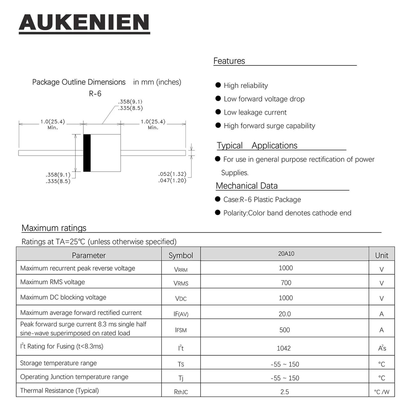 AUKENIEN 20 pieces 20A10 rectifier diode 20 A 1000 V R-6 axial rectifier diodes 20 amps 1000 volts electronic silicone diodes - Image 2