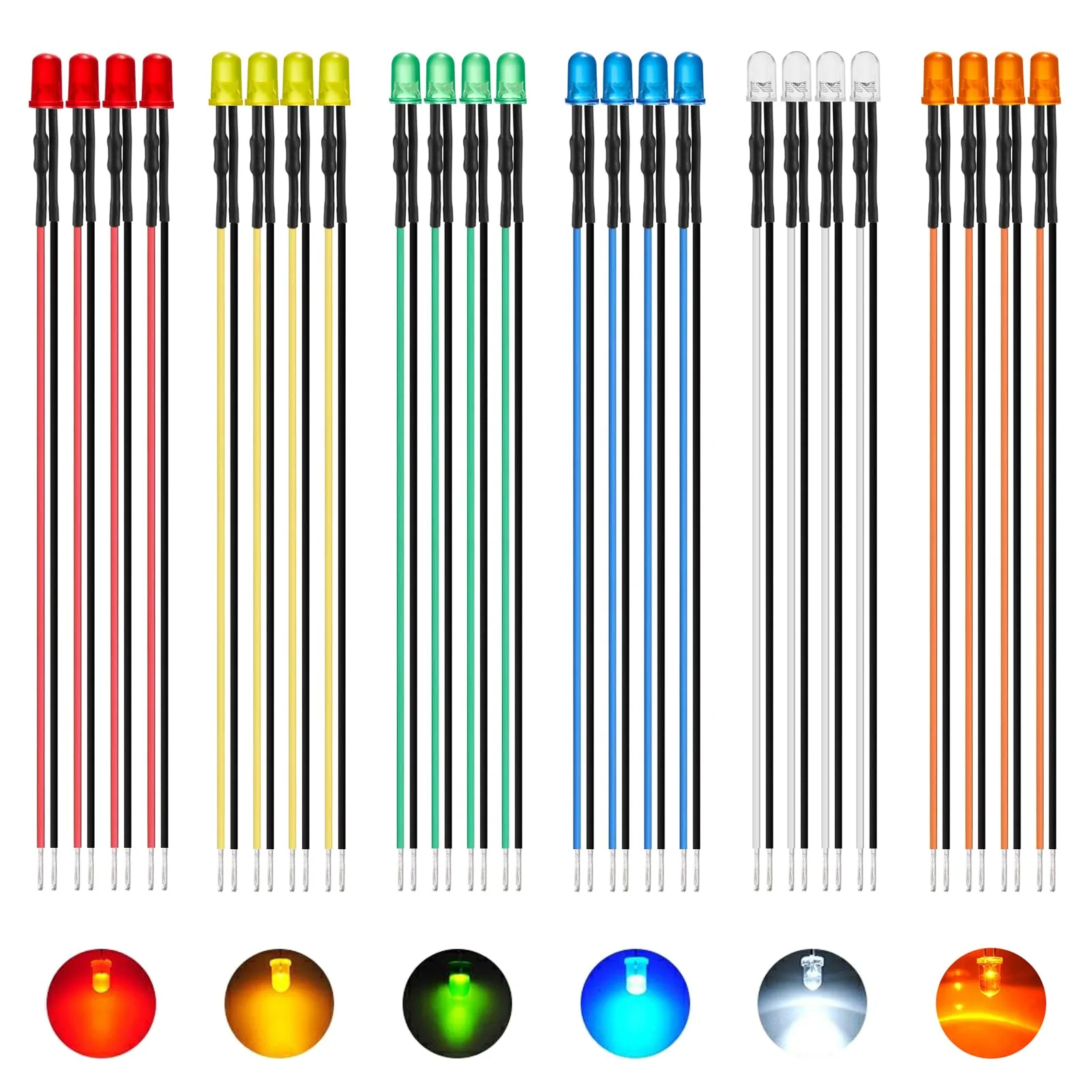 AUKENIEN 60 Pieces 5 mm 12 V Pre-Wired LED Light Emitting Diodes Assortment Kit 12 Volt Round Head Diffuse LED Diodes Light Emitting Diode Set 6 Colours White Red Yellow Green Blue Orange (10 Pieces 5MM PW LED DIODE