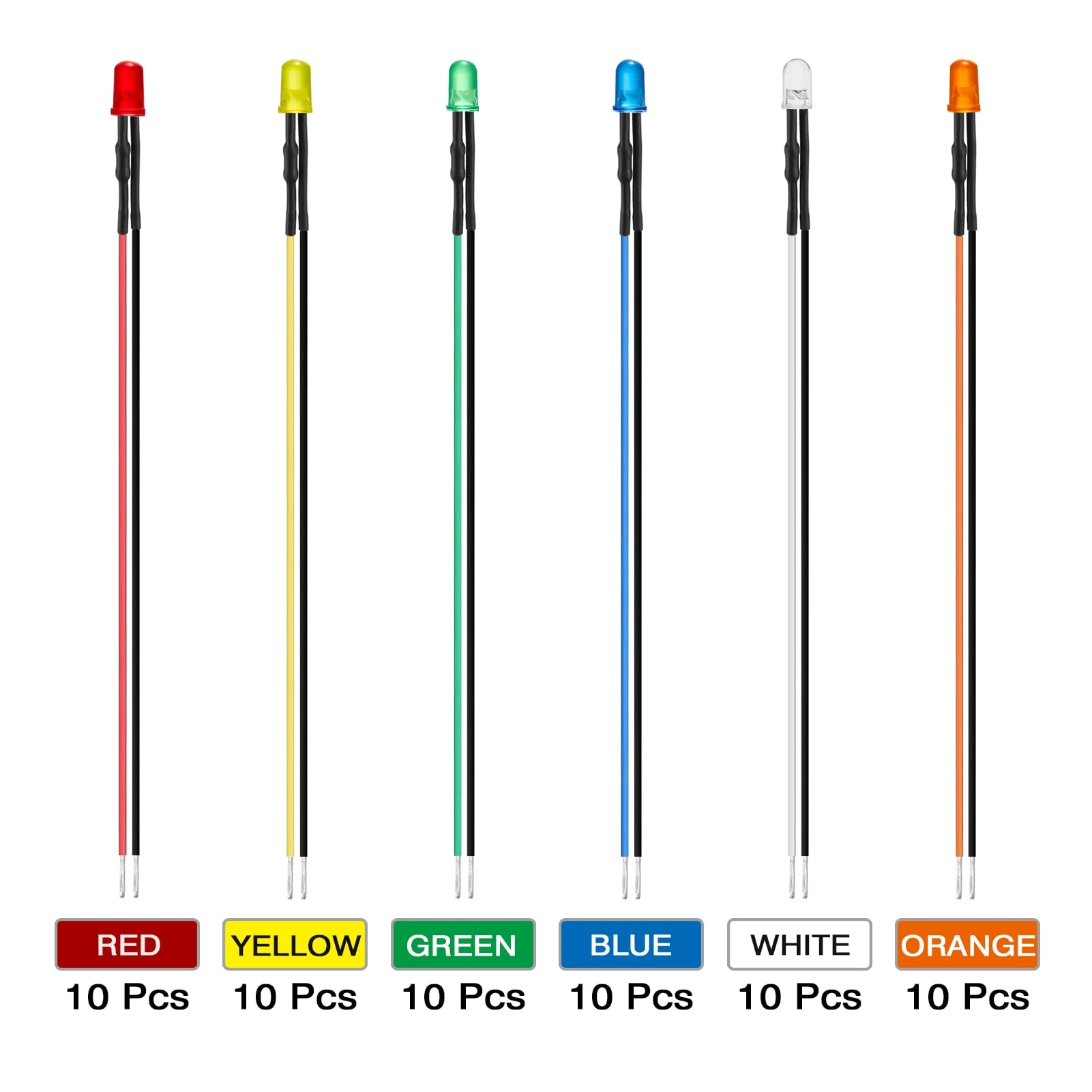 AUKENIEN 60 Pieces 5 mm 12 V Pre-Wired LED Light Emitting Diodes Assortment Kit 12 Volt Round Head Diffuse LED Diodes Light Emitting Diode Set 6 Colours White Red Yellow Green Blue Orange (10 Pieces 5MM PW LED DIODE - Image 2