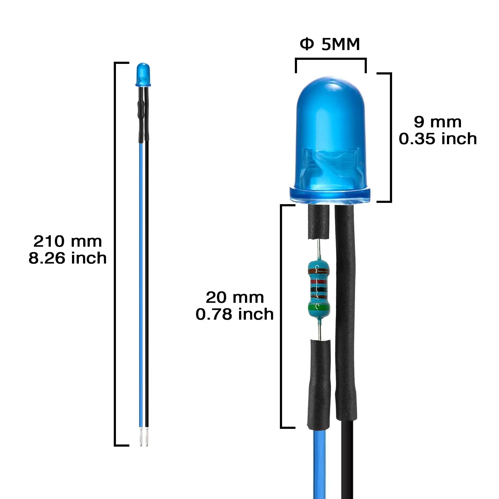 AUKENIEN 60 Pieces 5 mm 12 V Pre-Wired LED Light Emitting Diodes Assortment Kit 12 Volt Round Head Diffuse LED Diodes Light Emitting Diode Set 6 Colours White Red Yellow Green Blue Orange (10 Pieces 5MM PW LED DIODE - Image 3