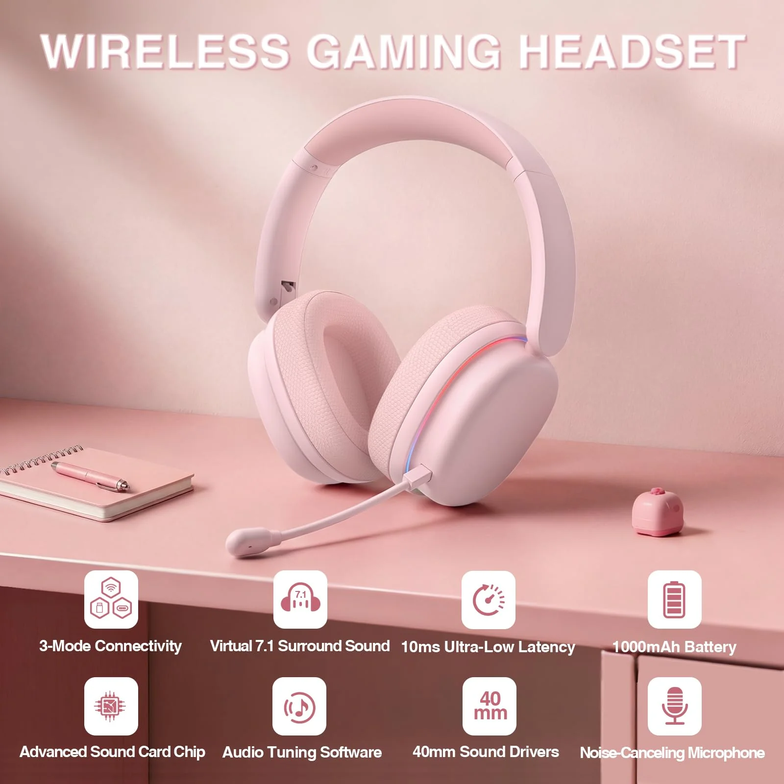 AULA G7 Pro Wireless Gaming Headset with 7.1 Surround Sound, 40mm Driver, BT5.3 Gaming Headphones with Mic, RGB, 10ms Latency, 65H Battery, Pink Gaming Headset for PS5,PS4, Switch,Xbox,PC,Phone, Mac G7 Pro-Pink - Image 2