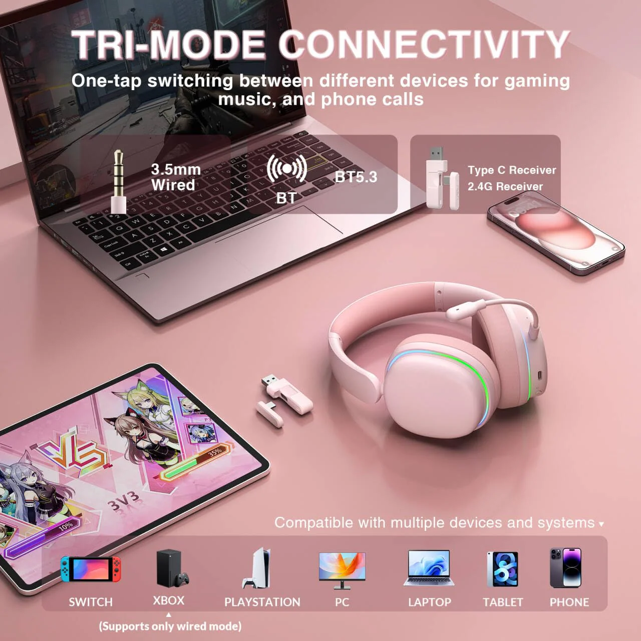 AULA G7 Pro Wireless Gaming Headset with 7.1 Surround Sound, 40mm Driver, BT5.3 Gaming Headphones with Mic, RGB, 10ms Latency, 65H Battery, Pink Gaming Headset for PS5,PS4, Switch,Xbox,PC,Phone, Mac G7 Pro-Pink - Image 3