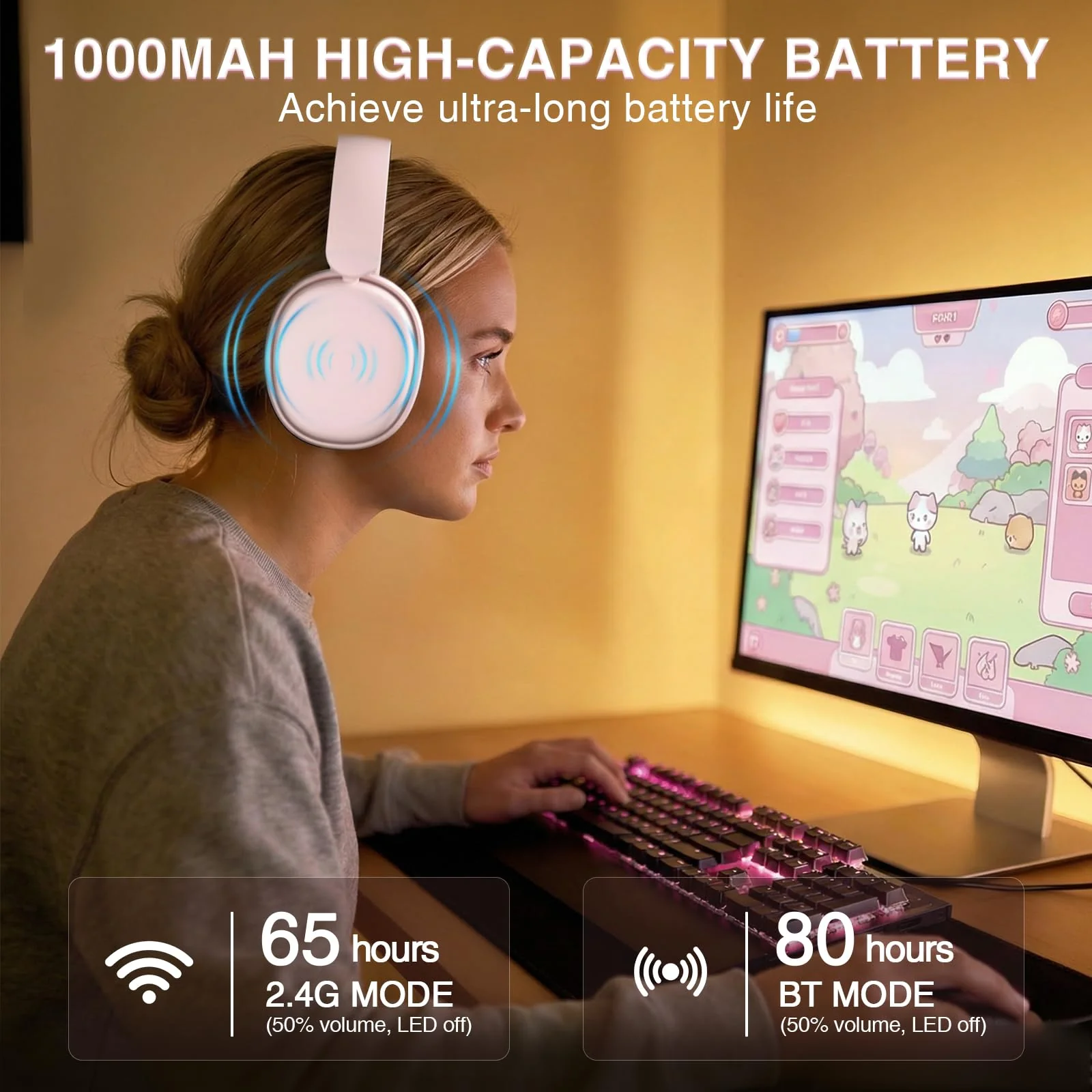 AULA G7 Pro Wireless Gaming Headset with 7.1 Surround Sound, 40mm Driver, BT5.3 Gaming Headphones with Mic, RGB, 10ms Latency, 65H Battery, Pink Gaming Headset for PS5,PS4, Switch,Xbox,PC,Phone, Mac G7 Pro-Pink - Image 6