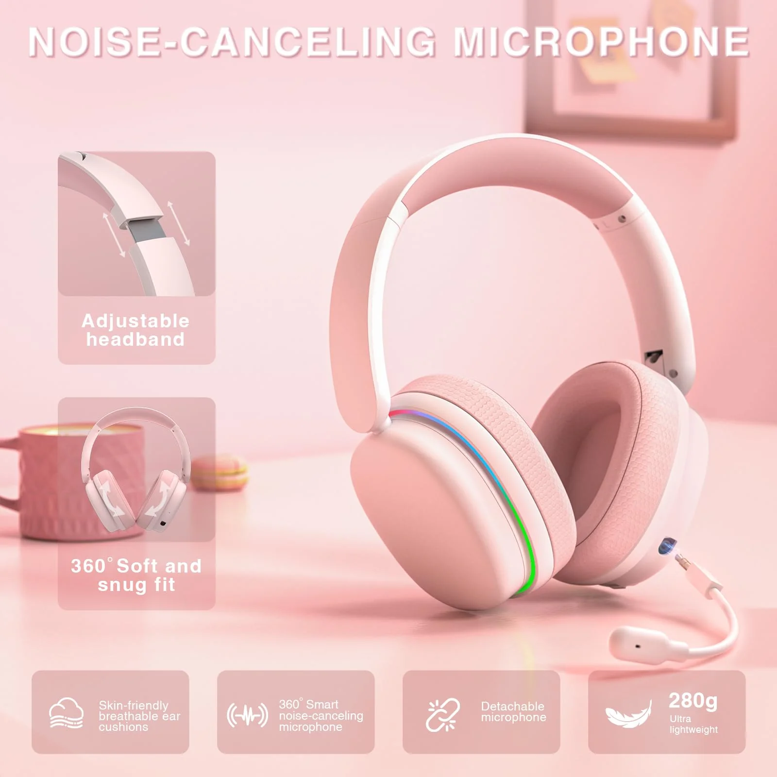 AULA G7 Pro Wireless Gaming Headset with 7.1 Surround Sound, 40mm Driver, BT5.3 Gaming Headphones with Mic, RGB, 10ms Latency, 65H Battery, Pink Gaming Headset for PS5,PS4, Switch,Xbox,PC,Phone, Mac G7 Pro-Pink - Image 7