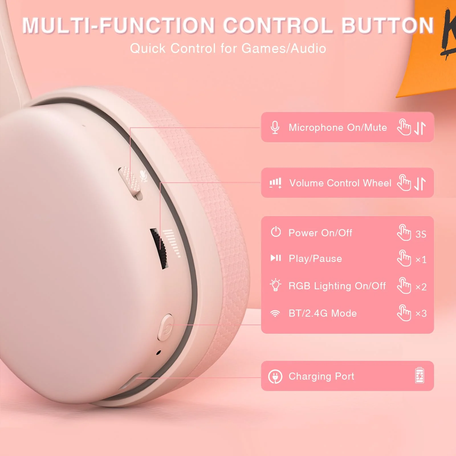 AULA G7 Pro Wireless Gaming Headset with 7.1 Surround Sound, 40mm Driver, BT5.3 Gaming Headphones with Mic, RGB, 10ms Latency, 65H Battery, Pink Gaming Headset for PS5,PS4, Switch,Xbox,PC,Phone, Mac G7 Pro-Pink - Image 8