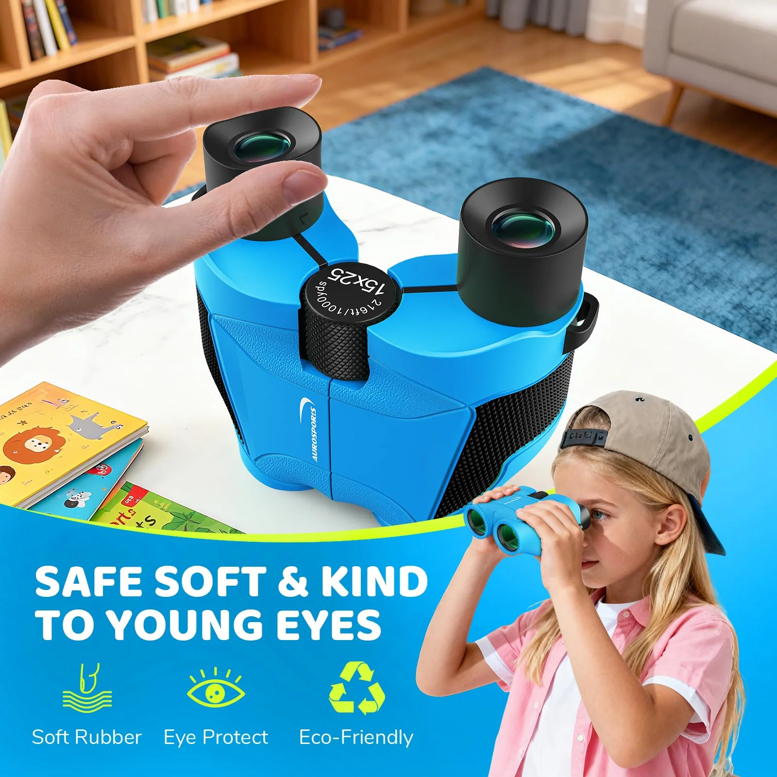 Aurosports 15x25 Compact Binoculars for Kids - Small Binoculars Lightweight with Carrying Case Birding Guide for Bird Watching Hiking Camping Travel Gift for 8-12 Years Boys Girls (Blue) Blue - Image 4
