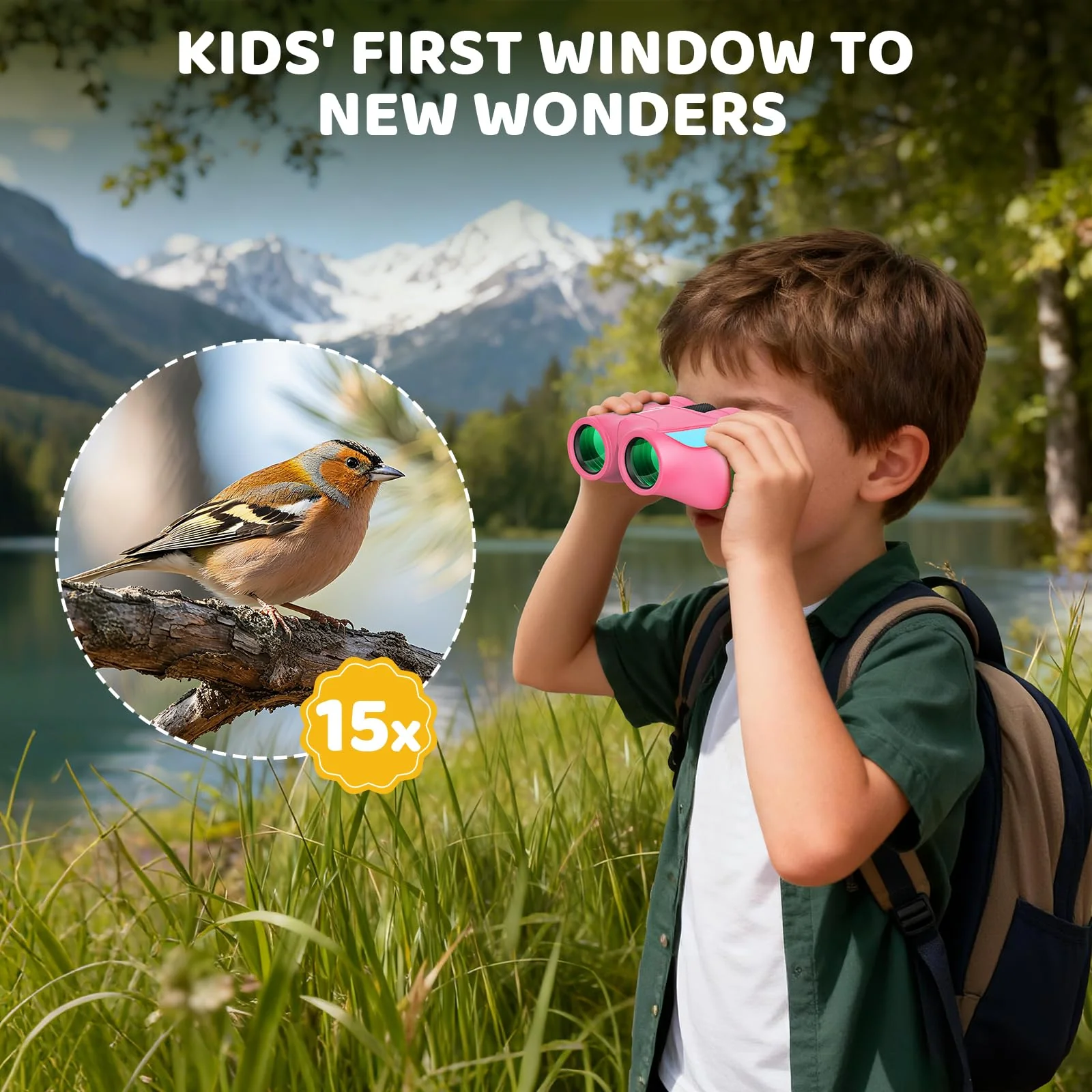 Aurosports 15x25 Compact Binoculars for Kids - Small Binoculars Lightweight with Carrying Case Birding Guide for Bird Watching Hiking Camping Travel Gift for 8-12 Years Boys Girls (Pink) Pink - Image 2