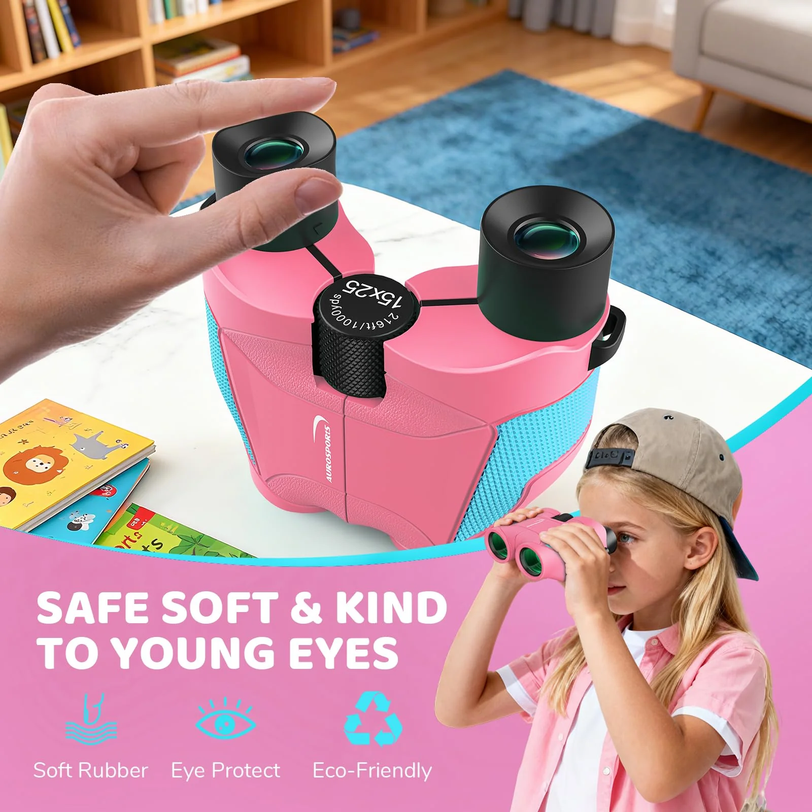 Aurosports 15x25 Compact Binoculars for Kids - Small Binoculars Lightweight with Carrying Case Birding Guide for Bird Watching Hiking Camping Travel Gift for 8-12 Years Boys Girls (Pink) Pink - Image 4
