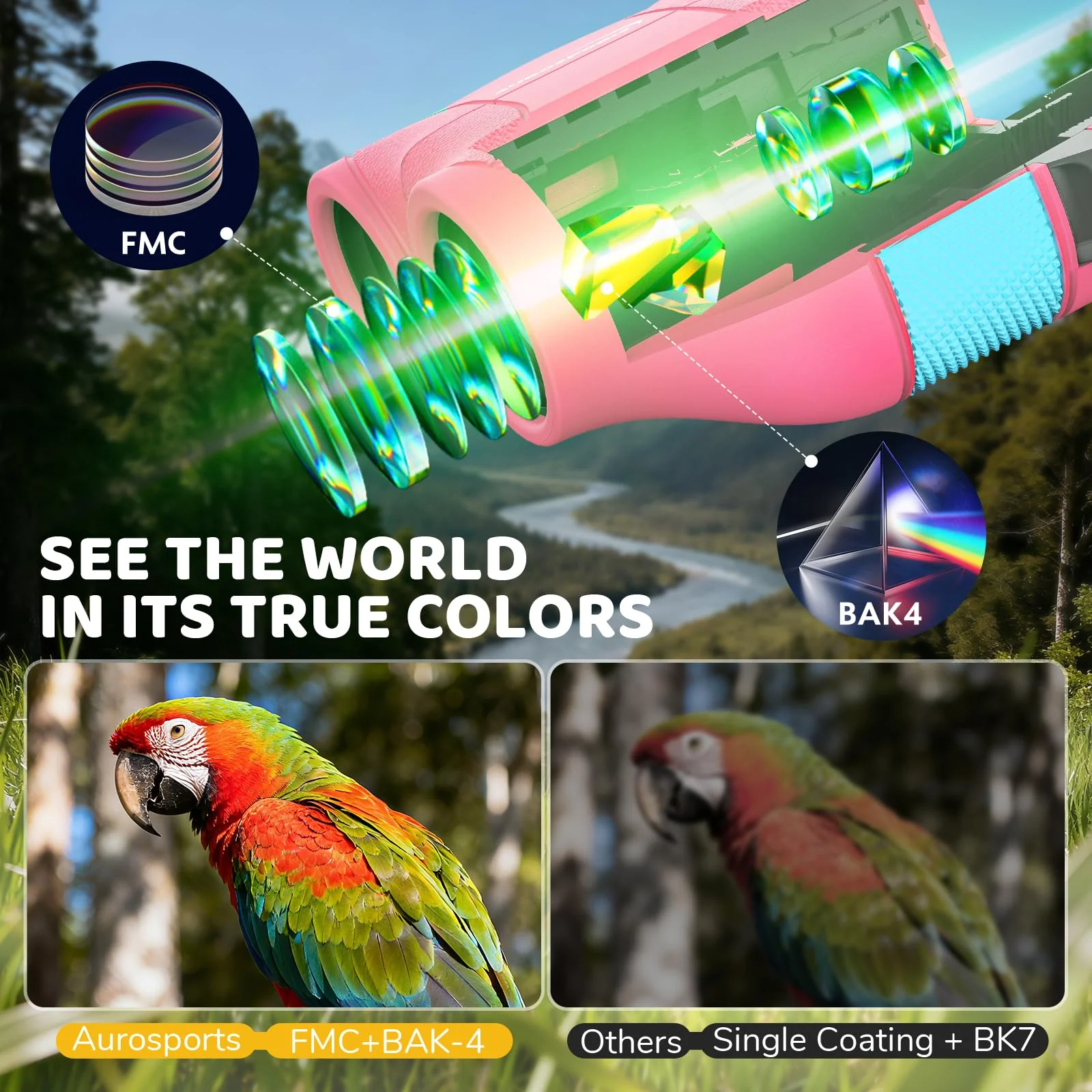 Aurosports 15x25 Compact Binoculars for Kids - Small Binoculars Lightweight with Carrying Case Birding Guide for Bird Watching Hiking Camping Travel Gift for 8-12 Years Boys Girls (Pink) Pink - Image 7