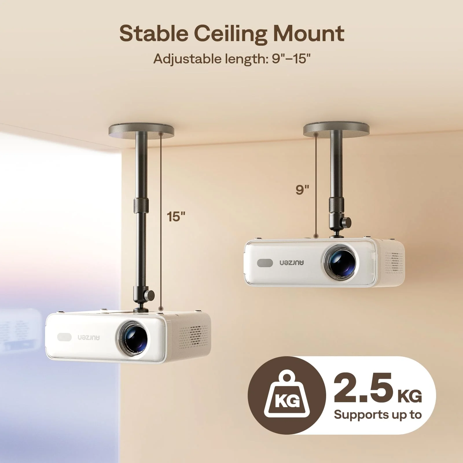 Aurzen Ceiling Projector Mount Bracket, 360° Rotation & 90° Tilt, Adjustable 9"-15" Length, ¼-Inch Screw, Compatible with TMY, HAPPRUN, Yaber, Epson & Most Projectors Ceiling Mount - Image 2