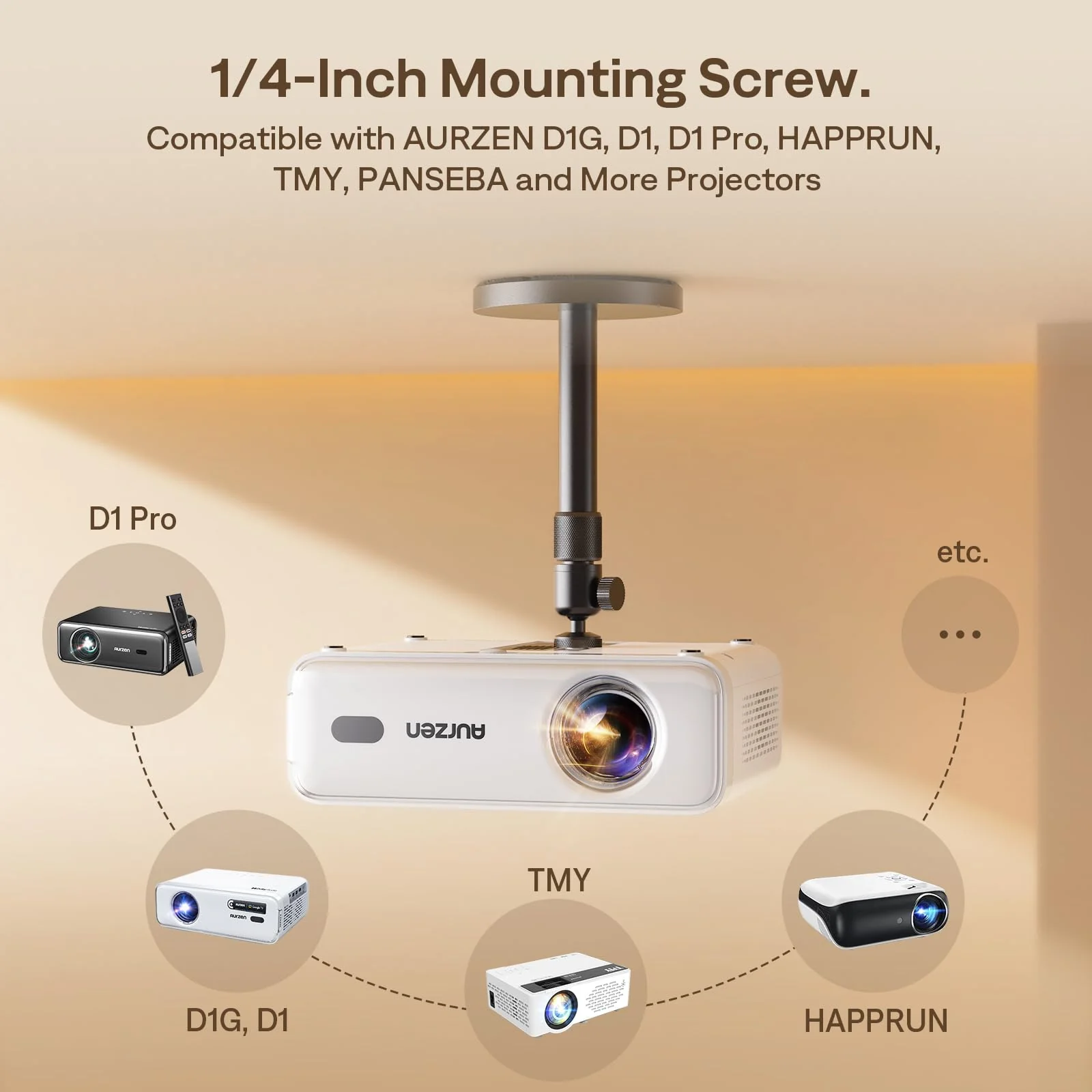 Aurzen Ceiling Projector Mount Bracket, 360° Rotation & 90° Tilt, Adjustable 9"-15" Length, ¼-Inch Screw, Compatible with TMY, HAPPRUN, Yaber, Epson & Most Projectors Ceiling Mount - Image 4