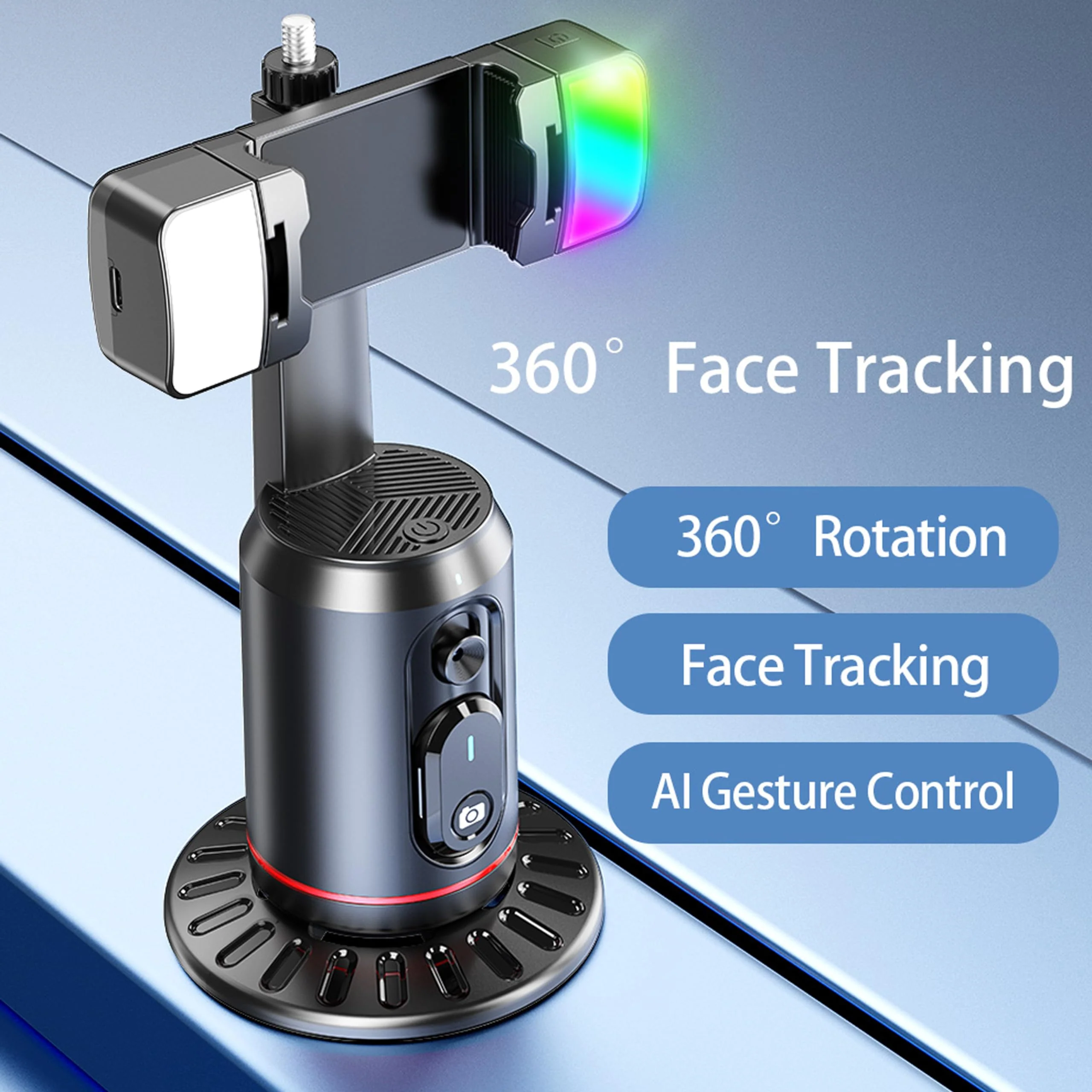 Auto Face Tracking Phone Holder, 360° Rotation Face Body Phone Tripod Smart Shooting Camera Mount with Rechargeable Remote and Light for Live Vlog Streaming Video, Rechargeable BLACK - Image 3