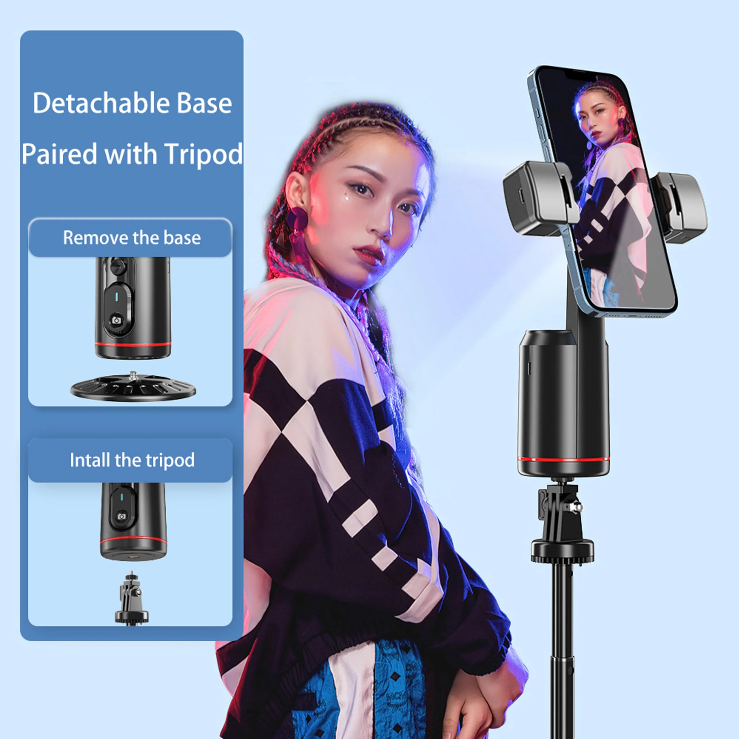 Auto Face Tracking Phone Holder, 360° Rotation Face Body Phone Tripod Smart Shooting Camera Mount with Rechargeable Remote and Light for Live Vlog Streaming Video, Rechargeable BLACK - Image 4