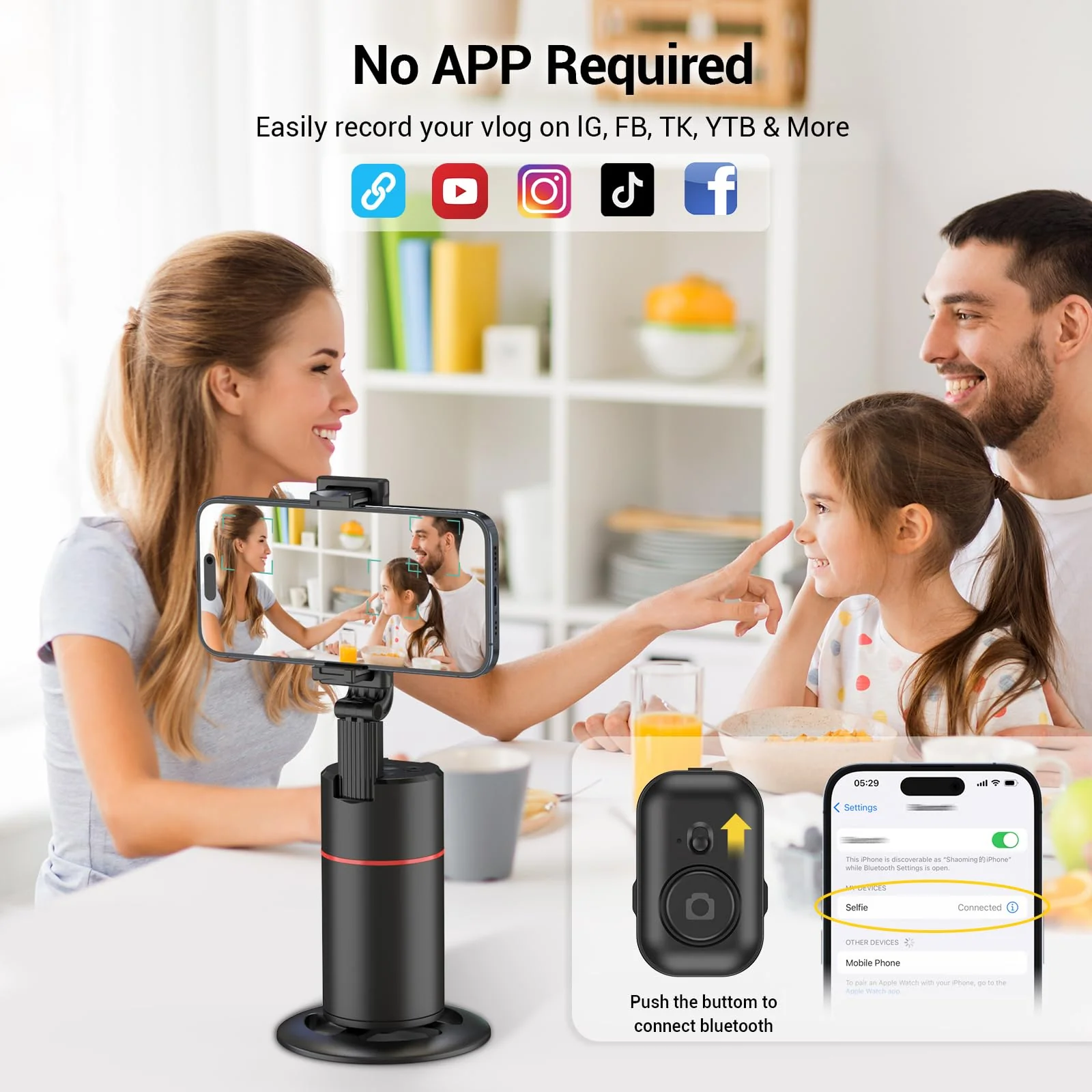 Auto Face Tracking Tripod 360° Rotating Auto Tracking Phone Holder, No App, Phone Camera Stand with Remote and Gesture Control, Smart Shooting Stand for Vlog/TIK Tok Live Video Recording Black - Image 3