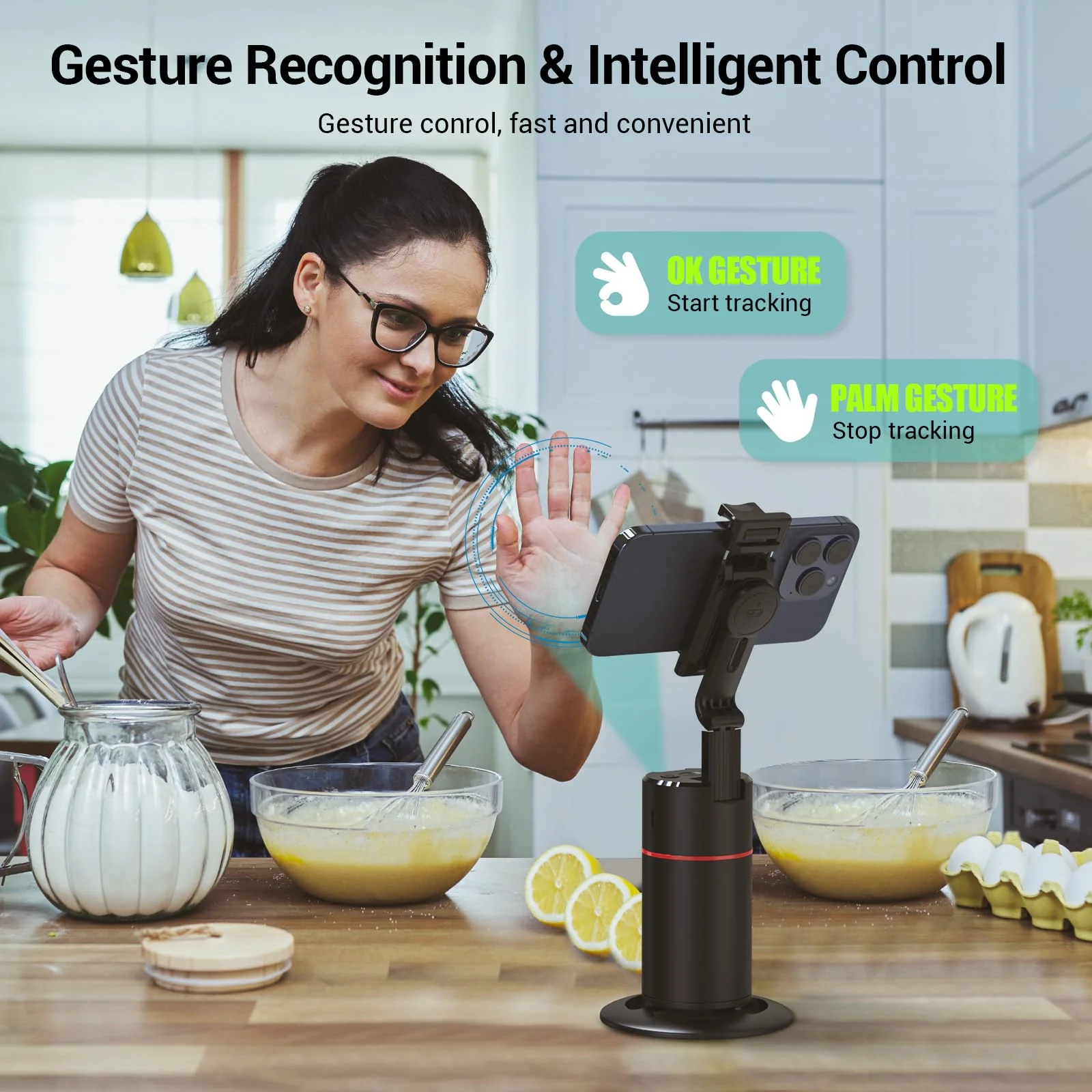 Auto Face Tracking Tripod 360° Rotating Auto Tracking Phone Holder, No App, Phone Camera Stand with Remote and Gesture Control, Smart Shooting Stand for Vlog/TIK Tok Live Video Recording Black - Image 4