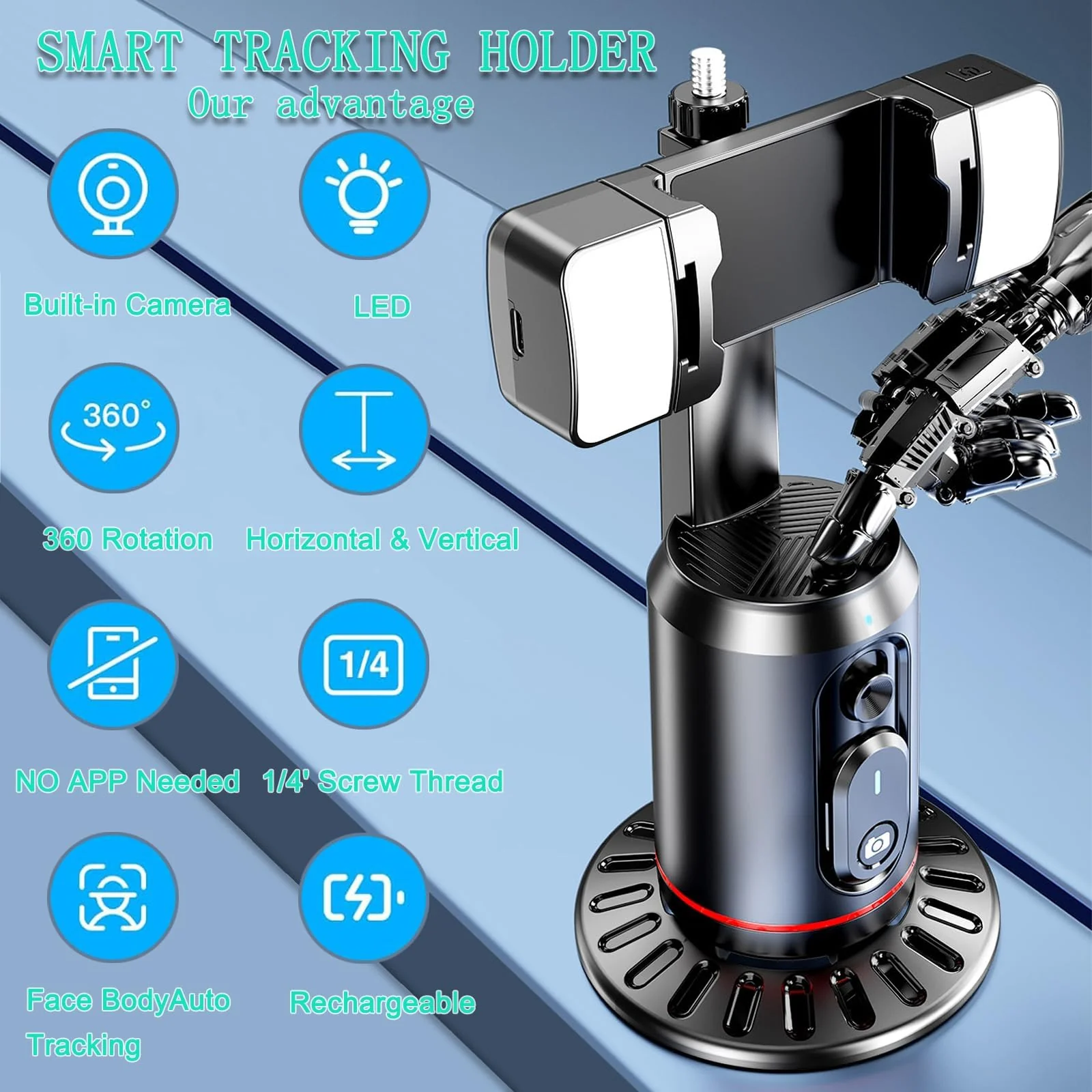 Auto Face Tracking Tripod 360° Rotating Auto Tracking Phone Stand, No App, Gesture Control Smart Shooting Camera Mount with Selfie Light and Remote for Live Vlog Streaming Video Tiktok-Rechargeable - Image 3