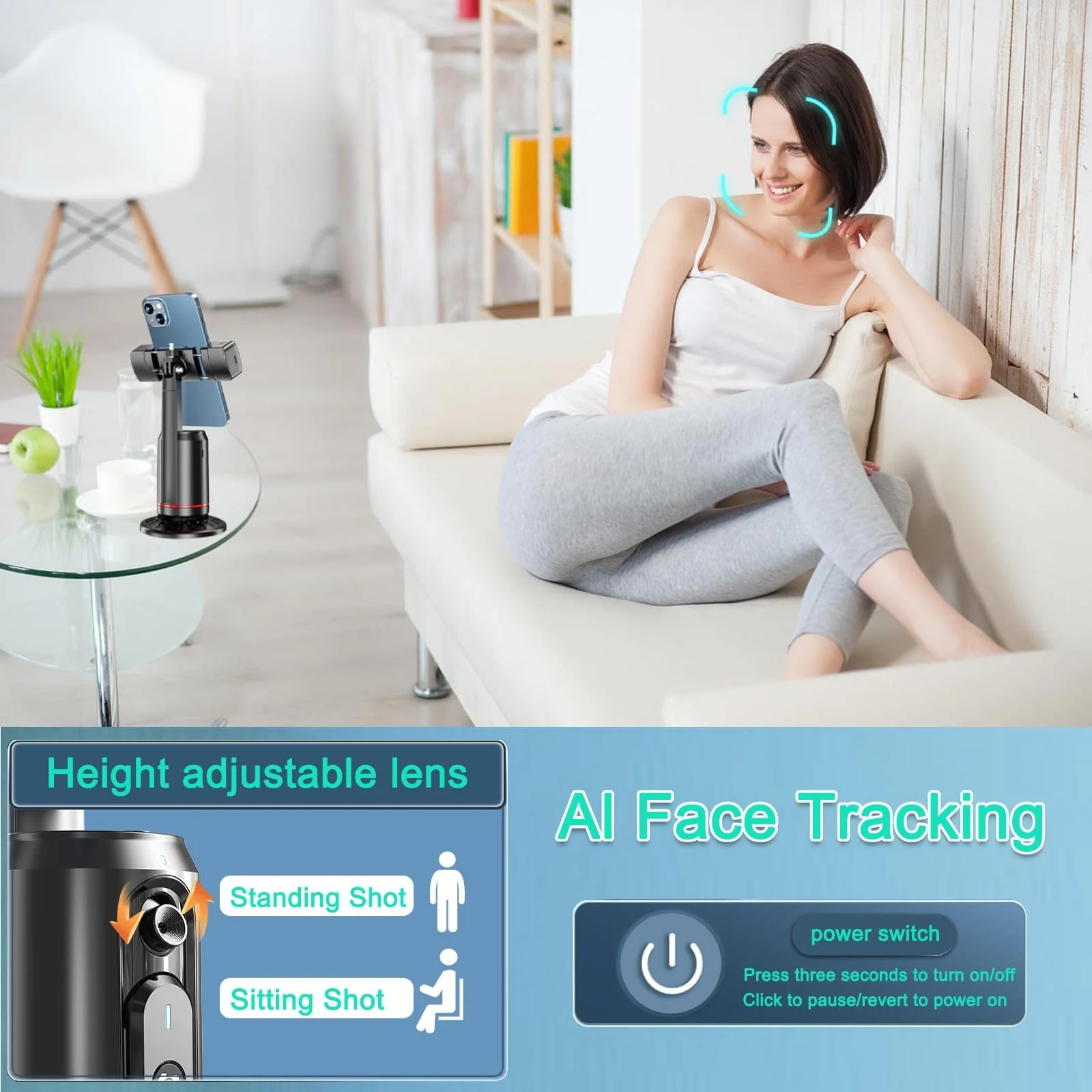 Auto Face Tracking Tripod 360° Rotating Auto Tracking Phone Stand, No App, Gesture Control Smart Shooting Camera Mount with Selfie Light and Remote for Live Vlog Streaming Video Tiktok-Rechargeable - Image 5