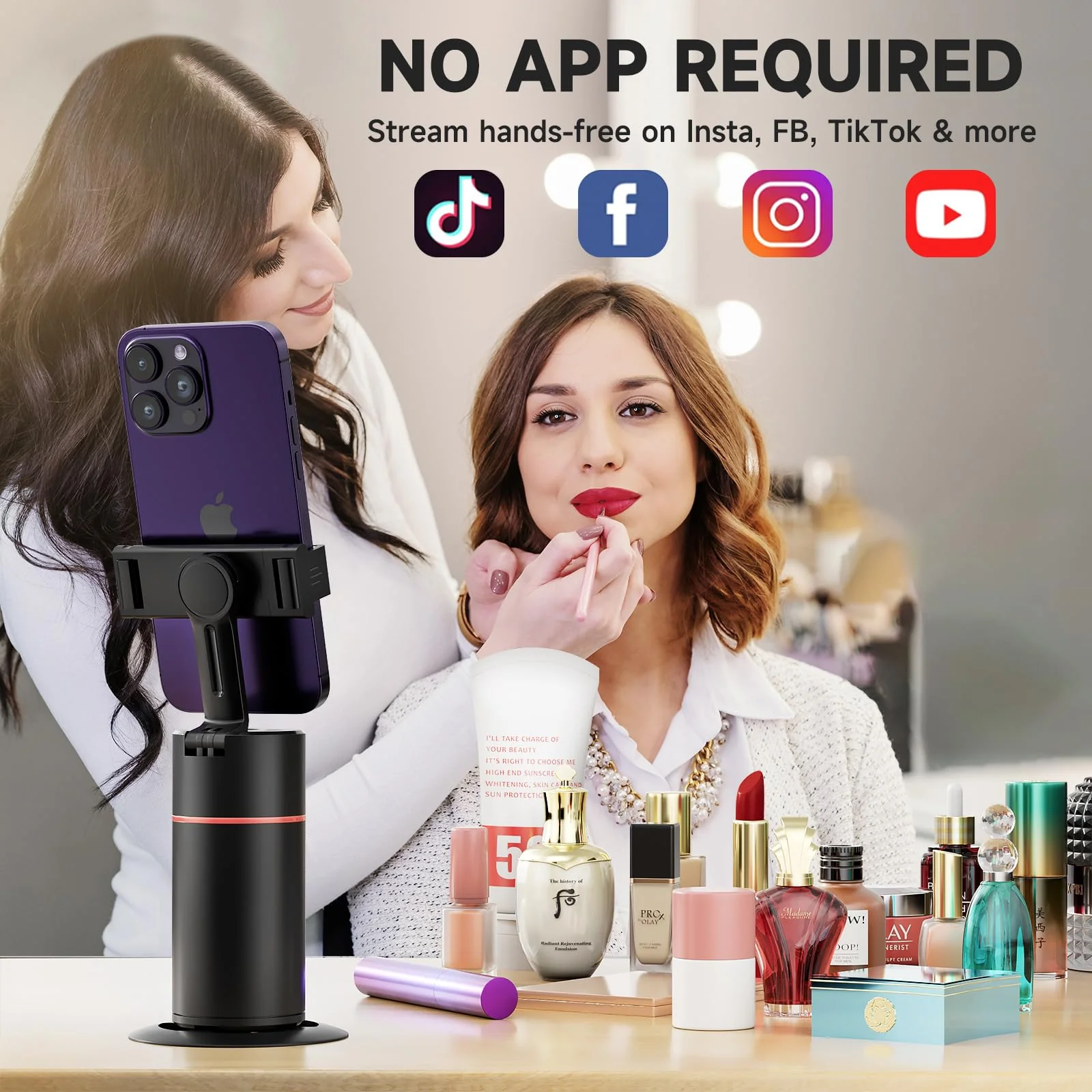 Auto Face Tracking Tripod - 360° Rotation Auto Tracking Phone Holder, No App, Phone Camera Mount with Remote and Gesture Control, Rechargeable Smart Shooting Holder for Video Recording (2 Lights) 1 - Image 3