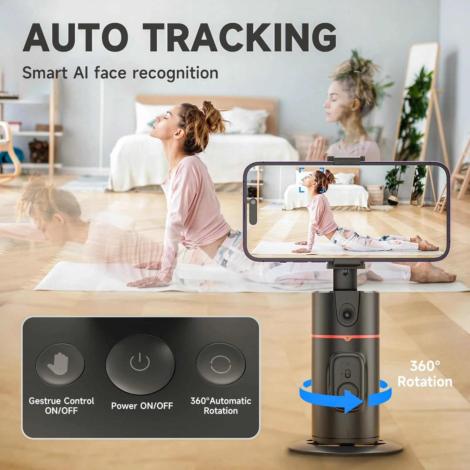 Auto Face Tracking Tripod - 360° Rotation Auto Tracking Phone Holder, No App, Phone Camera Mount with Remote and Gesture Control, Rechargeable Smart Shooting Holder for Video Recording (2 Lights) 1 - Image 4