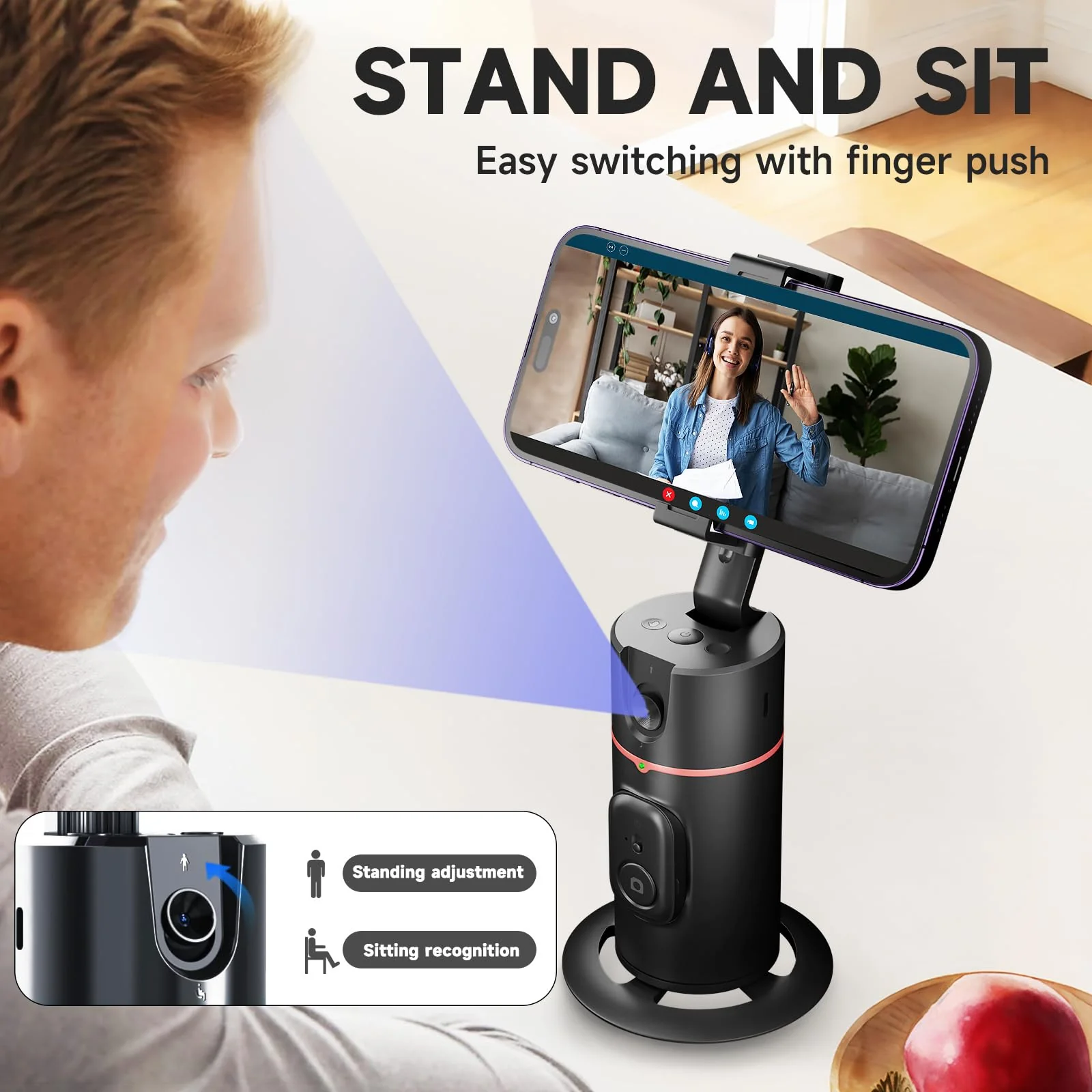 Auto Face Tracking Tripod - 360° Rotation Auto Tracking Phone Holder, No App, Phone Camera Mount with Remote and Gesture Control, Rechargeable Smart Shooting Holder for Video Recording (2 Lights) 1 - Image 5
