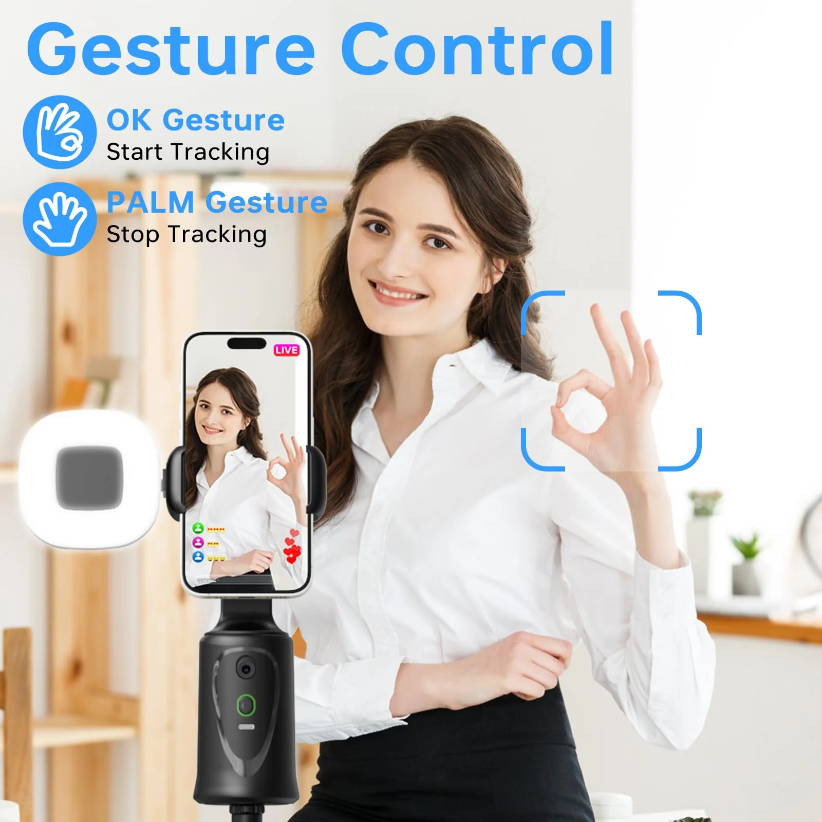 Auto Face Tracking Tripod 360° Rotation Phone Stand, No App, Face Body Phone Camera Stand with Remote and Gesture Control, Rechargeable Smart Shooting Stand with Light (Upgrade Edition) - Image 2