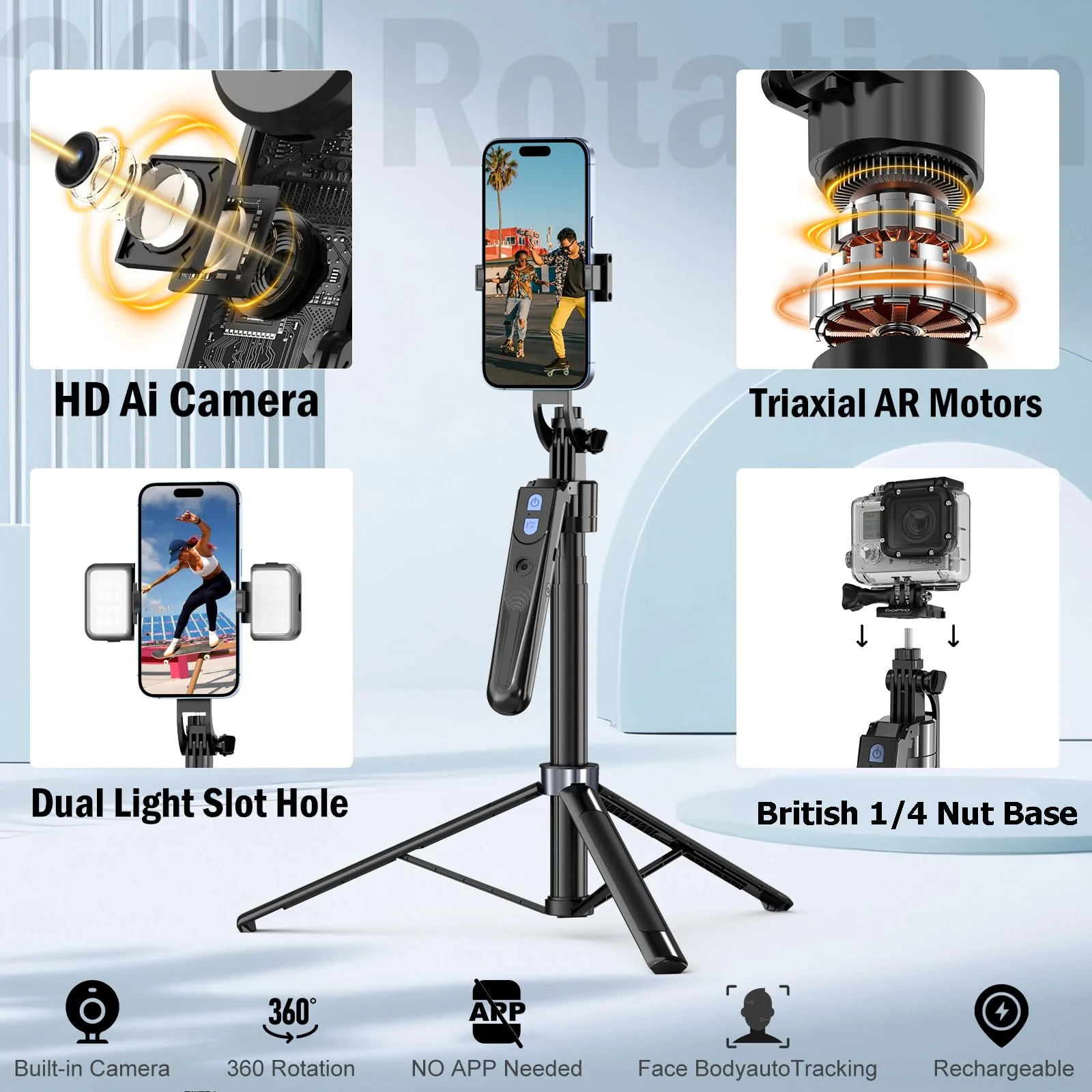 Auto Face Tracking Tripod 360 Rotation with Stand, No App,Phone Camera Holder with Remote and Gesture Control, Built-in Tracking Camera Selfie Stick for Live Vlog Streaming Video Tiktok - Image 4