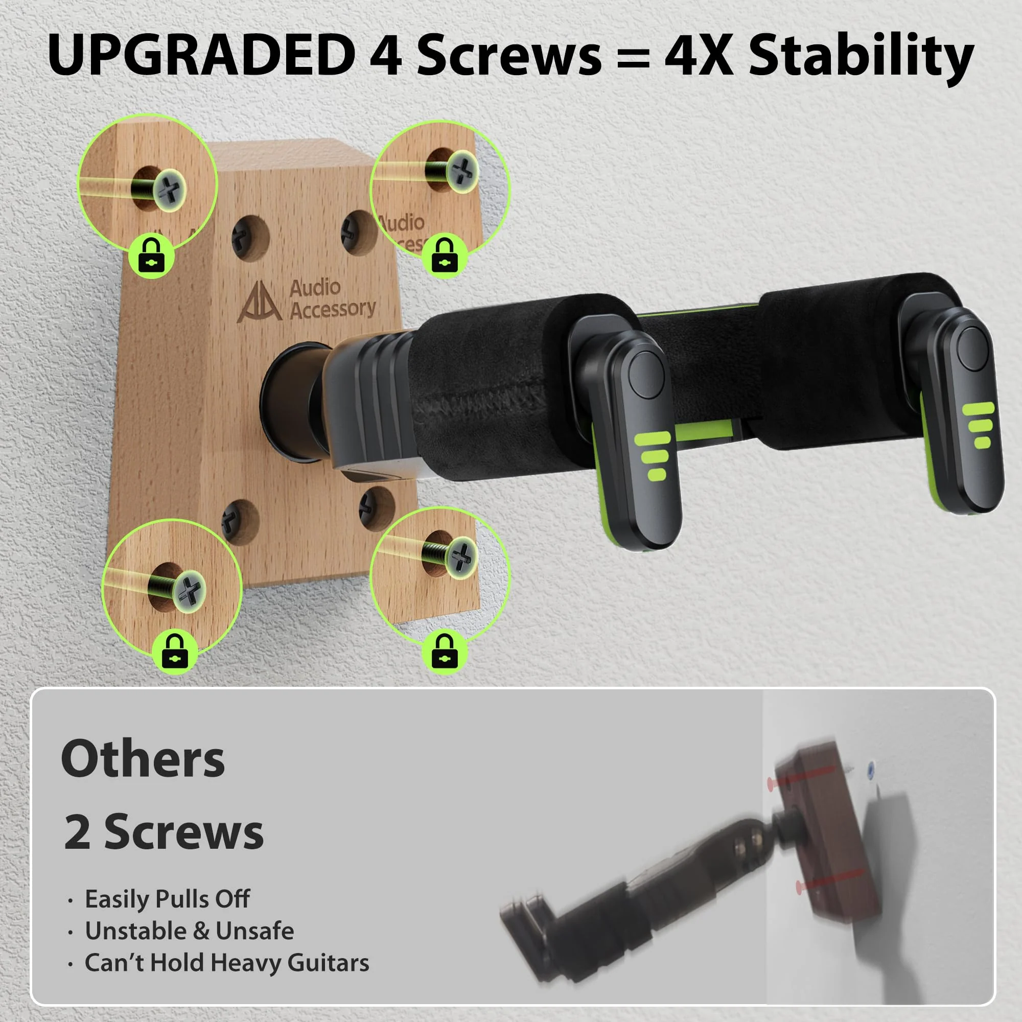 Auto Lock Guitar Wall Mount 3-Pack, Reinforced 4-Screw Base, Locking Guitar Hanger for Heavy Bass, Electric, Acoustic Guitar, Soft Velvet Contact Surface to Protect Nitro Lacquer 3 Pack - Image 2