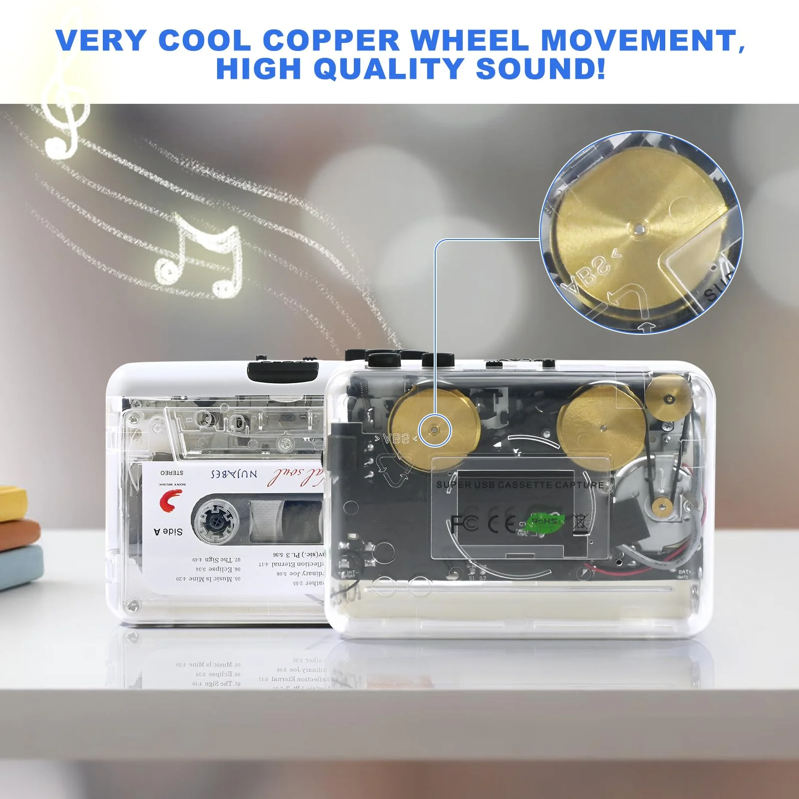 Auto Reverse ＆Clear Stereo Cassette Player,Built-in Cool Copper Wheel Movement＆Earphone,Cassette Tape to MP3 Converter with Tape Converter Software,Powered by USB Power Cord or AA Battery - Image 5