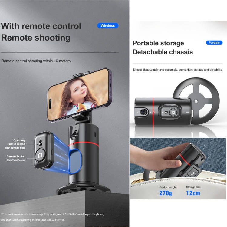 Auto Tracking Phone Holder,360° Rotation Phone Camera Mount Smart Shooting Phone Tracking Holder with Remote Selfie Stick for iPhone Android Stabilizer Shooting Live,No App,Rechargeable Black - Image 2