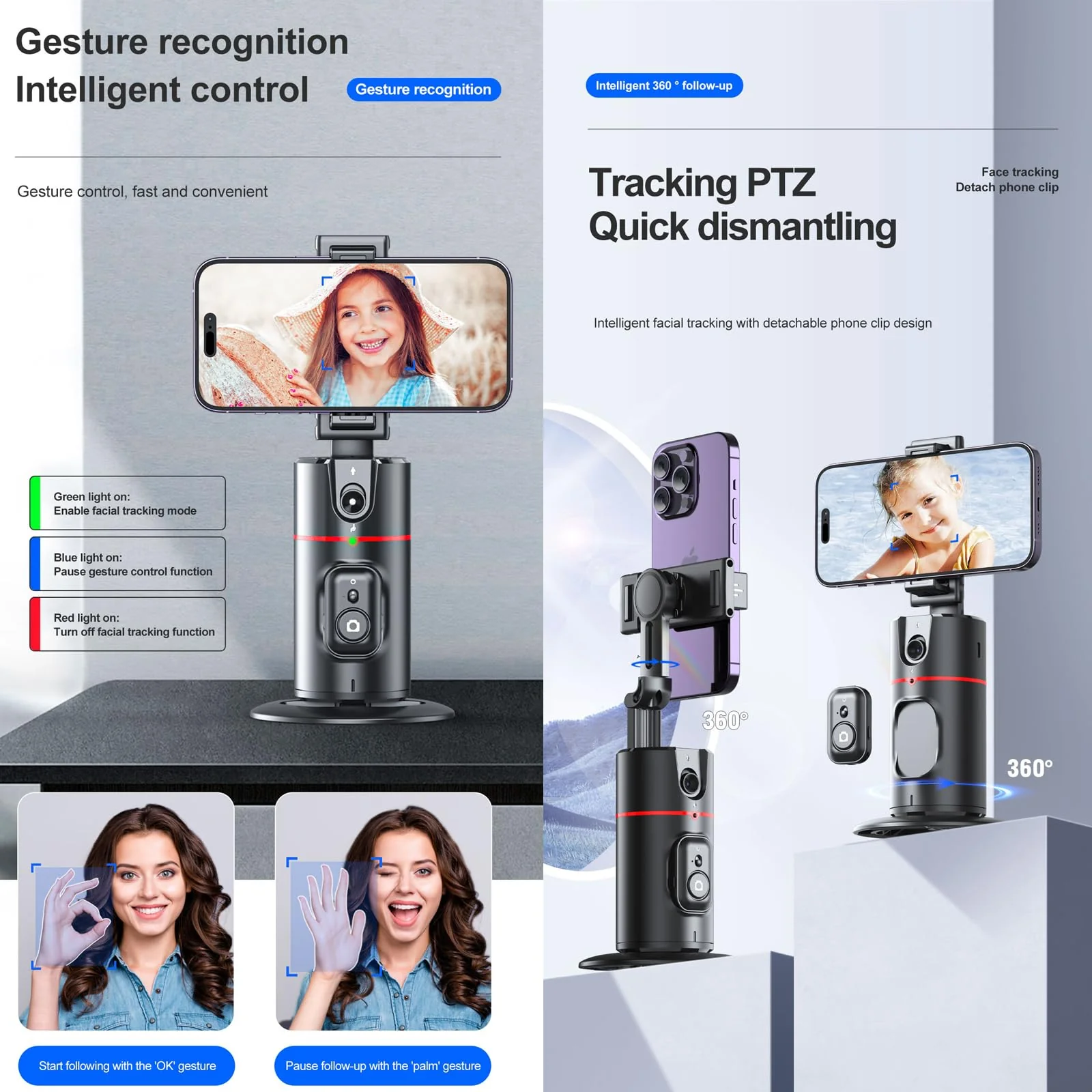 Auto Tracking Phone Holder,360° Rotation Phone Camera Mount Smart Shooting Phone Tracking Holder with Remote Selfie Stick for iPhone Android Stabilizer Shooting Live,No App,Rechargeable Black - Image 3