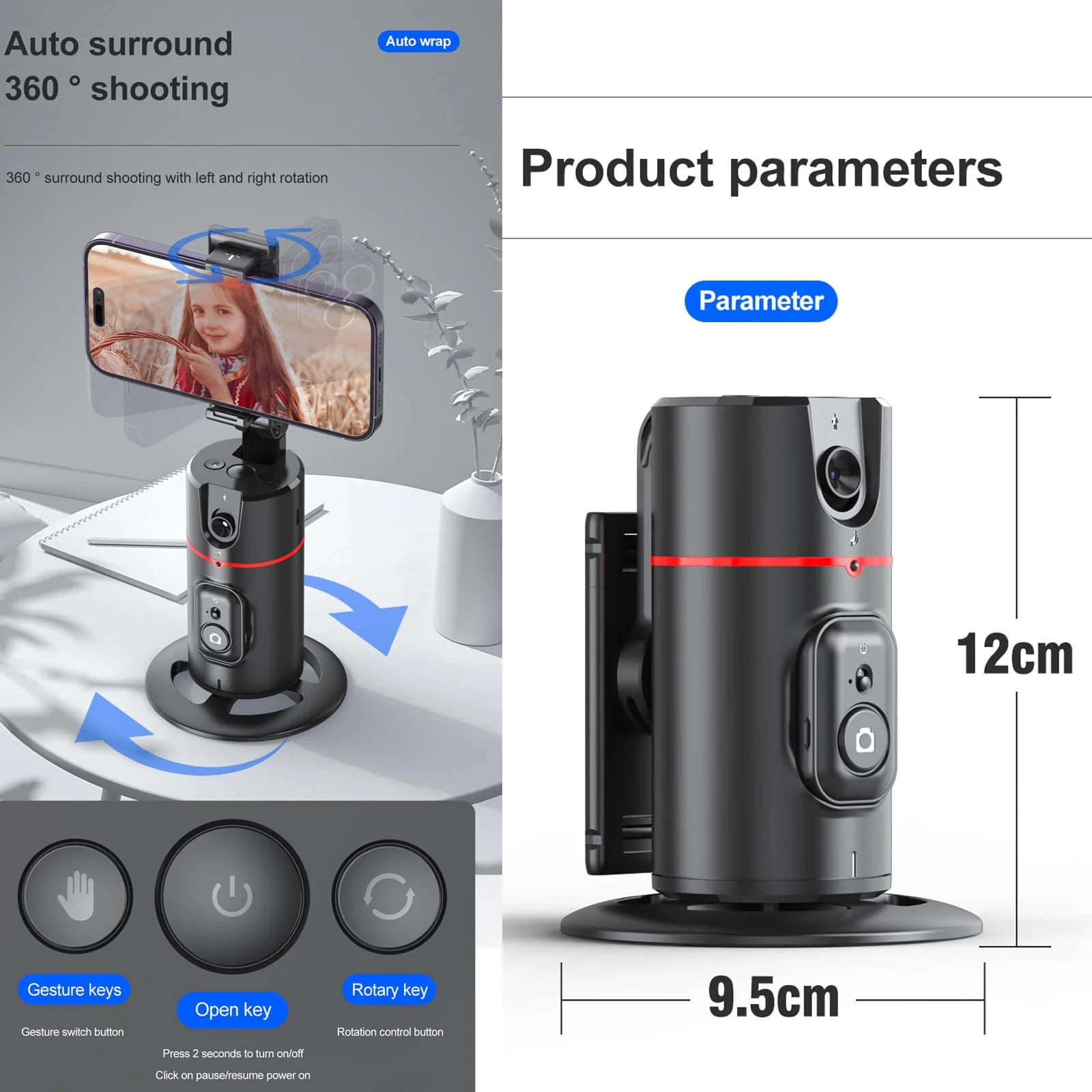 Auto Tracking Phone Holder,360° Rotation Phone Camera Mount Smart Shooting Phone Tracking Holder with Remote Selfie Stick for iPhone Android Stabilizer Shooting Live,No App,Rechargeable Black - Image 4