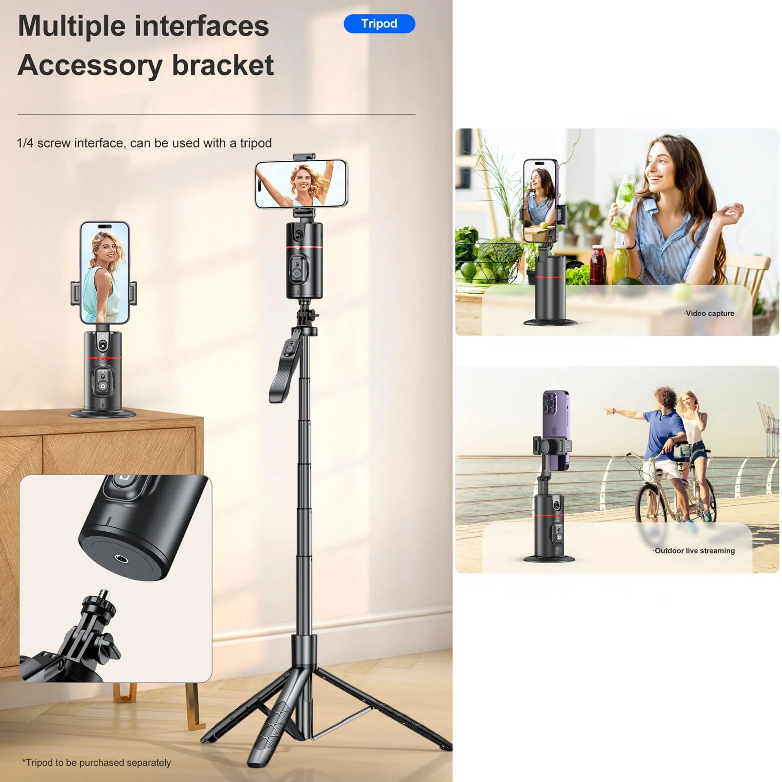 Auto Tracking Phone Holder,360° Rotation Phone Camera Mount Smart Shooting Phone Tracking Holder with Remote Selfie Stick for iPhone Android Stabilizer Shooting Live,No App,Rechargeable Black - Image 6
