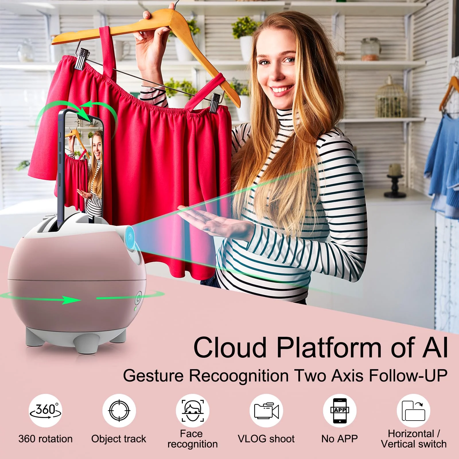 Auto Tracking Phone Holder, Auto Face Tracking Tripod, 360° Rotation Face Body Phone Tracking Tripod, AI-Powered Face Tracking,No APP Live Vlog Tiktok Video-Pink - Image 2