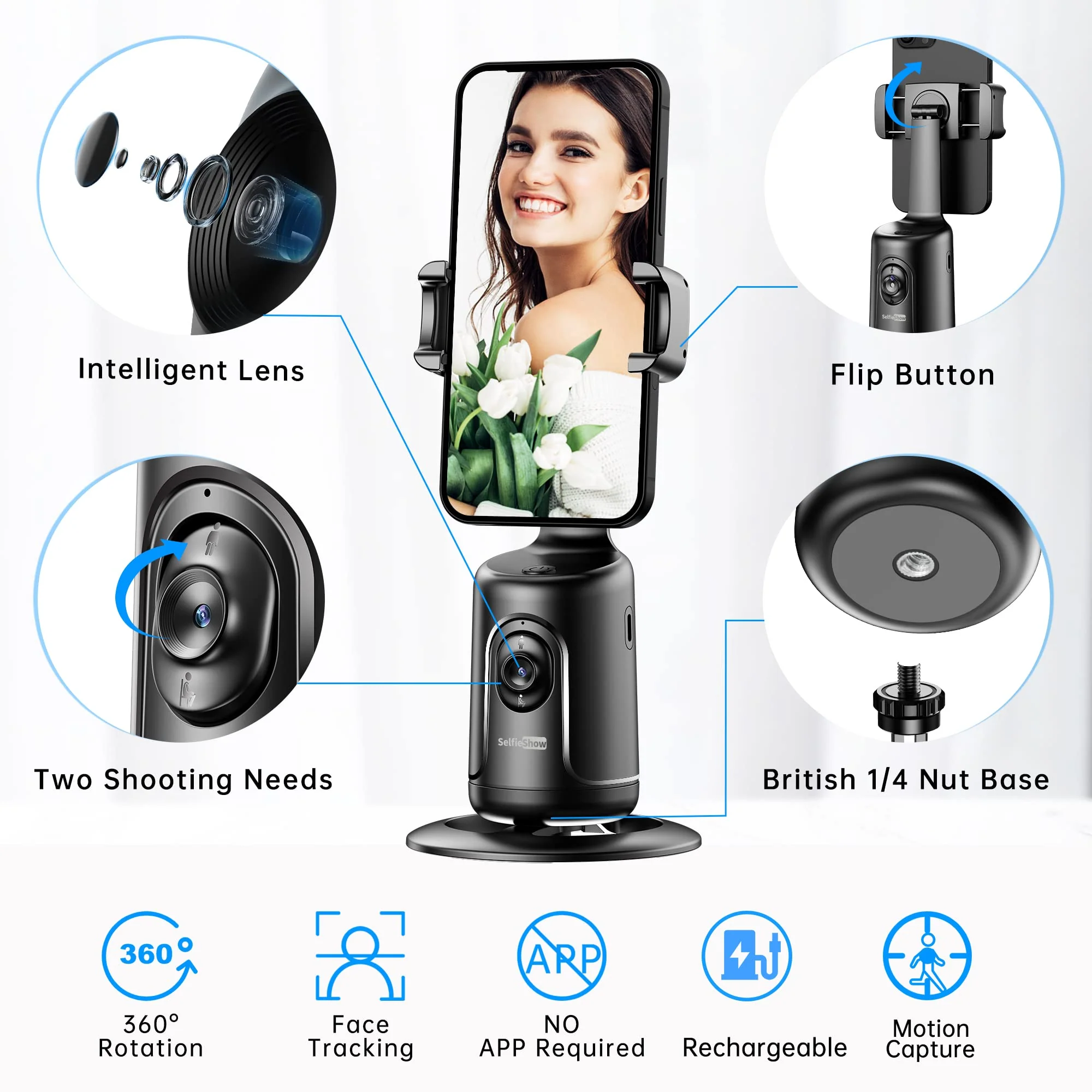 Auto Tracking Phone Holder, Auto Face Tracking Tripod, Portable All-in-one Smart Selfie Stick 360 Rotation Fast Face & Object Tracking Cameraman Robot Mount for Phone Video Vlog Live Streaming(Black) Black - Image 6