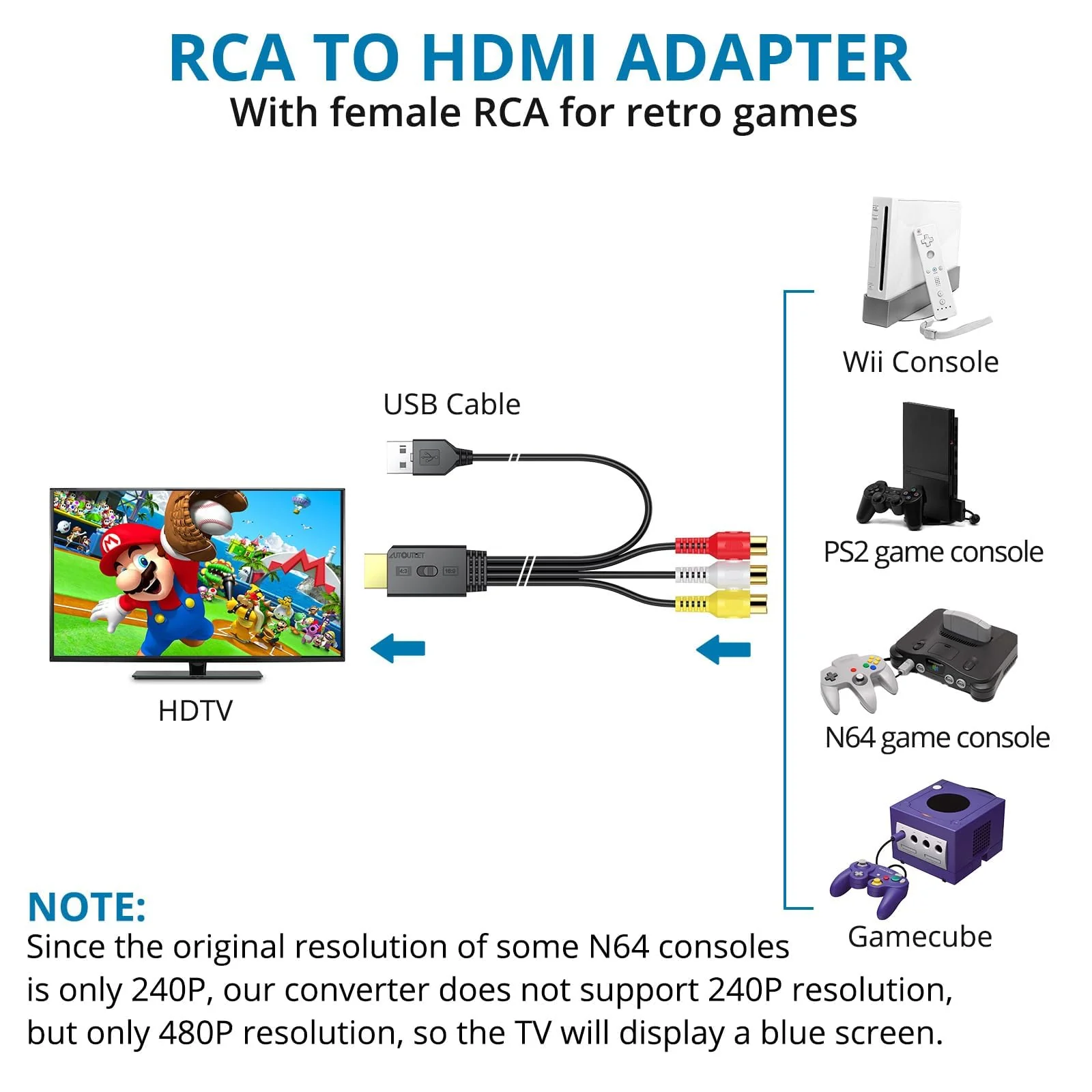 AUTOUTLET RCA to HDMI Converter with Aspect Ratio Switch (4:3/16:9), 1080P/720P AV to HDMI Composite CVBS Video Audio Adapter Supports PAL/NTSC for Wii/N64/PS2 EFU117 - Image 3