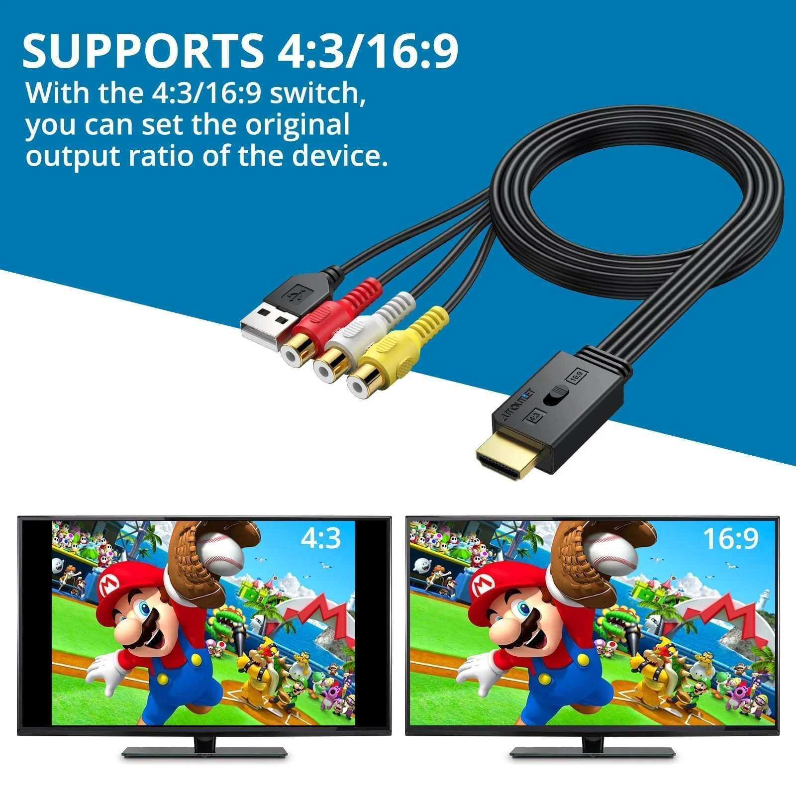 AUTOUTLET RCA to HDMI Converter with Aspect Ratio Switch (4:3/16:9), 1080P/720P AV to HDMI Composite CVBS Video Audio Adapter Supports PAL/NTSC for Wii/N64/PS2 EFU117 - Image 4
