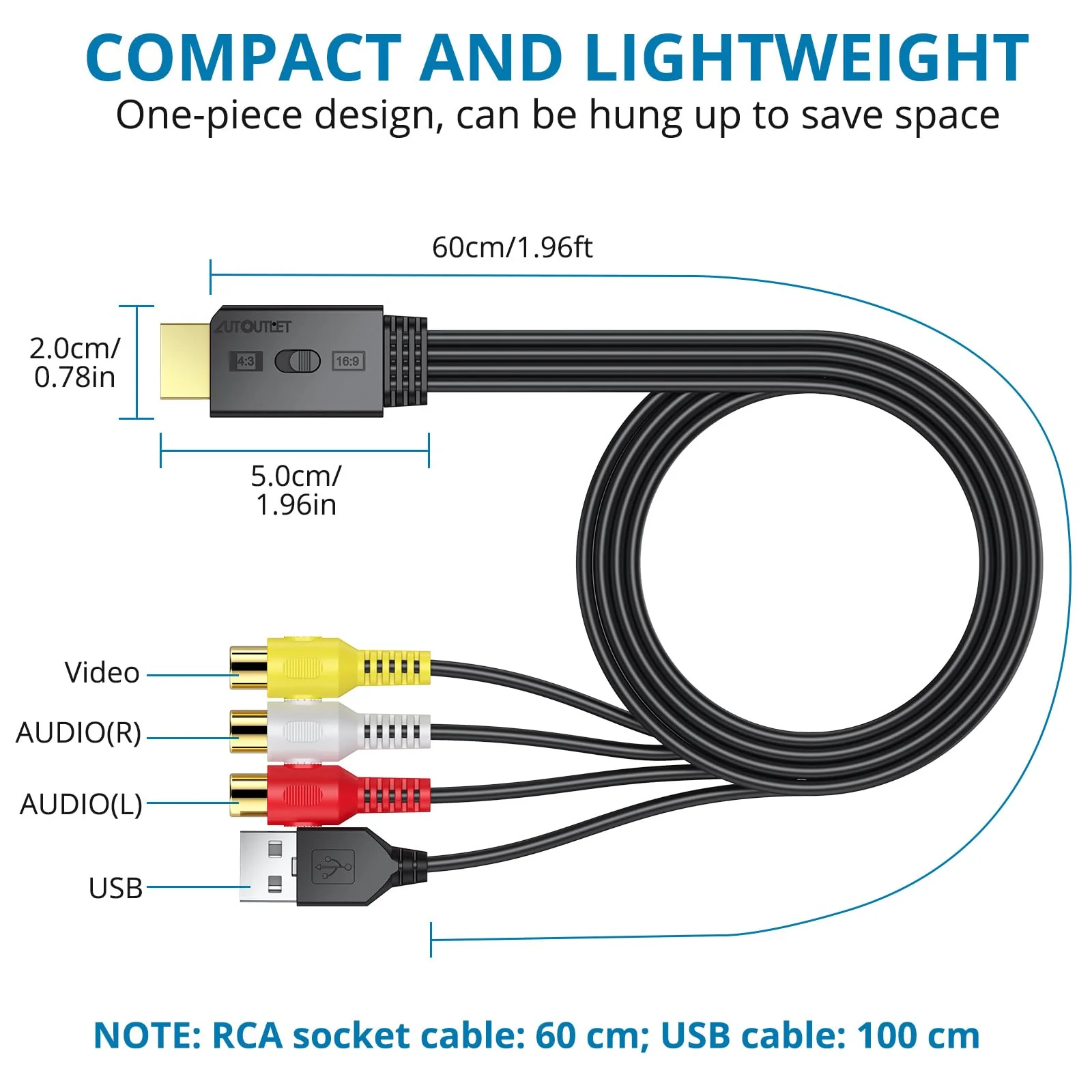 AUTOUTLET RCA to HDMI Converter with Aspect Ratio Switch (4:3/16:9), 1080P/720P AV to HDMI Composite CVBS Video Audio Adapter Supports PAL/NTSC for Wii/N64/PS2 EFU117 - Image 5