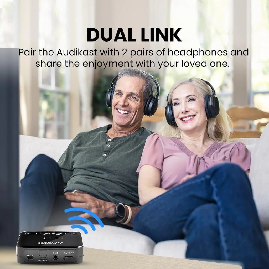 Avantree Audikast 3 [2025 Version] - Bluetooth 5.3 Transmitter for TV with Optical or AUX Audio Output Port, aptX-Adaptive & Low Latency, Dual Link for 2 Headphones, and 100ft Long Range - Image 4