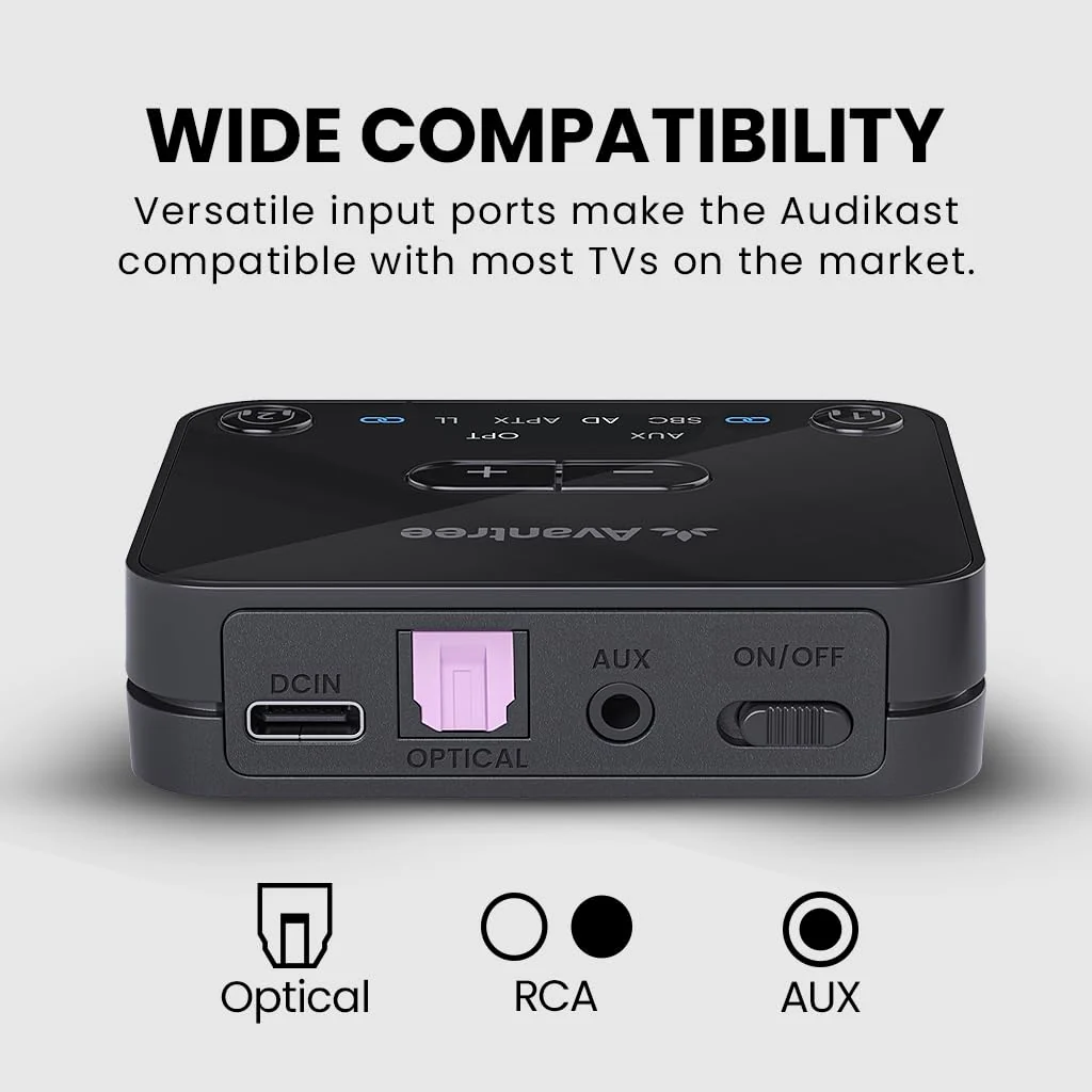 Avantree Audikast 3 [2025 Version] - Bluetooth 5.3 Transmitter for TV with Optical or AUX Audio Output Port, aptX-Adaptive & Low Latency, Dual Link for 2 Headphones, and 100ft Long Range - Image 5