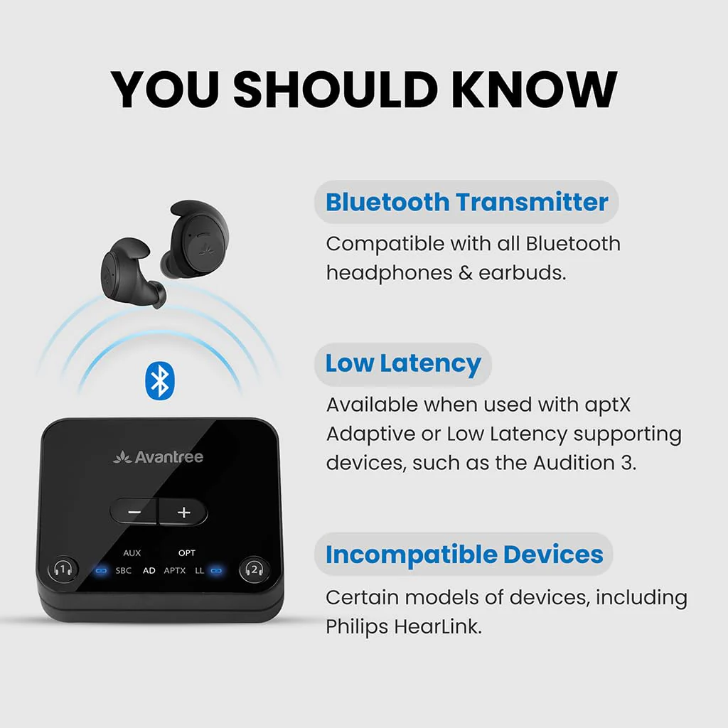 Avantree Audikast 3 [2025 Version] - Bluetooth 5.3 Transmitter for TV with Optical or AUX Audio Output Port, aptX-Adaptive & Low Latency, Dual Link for 2 Headphones, and 100ft Long Range - Image 6